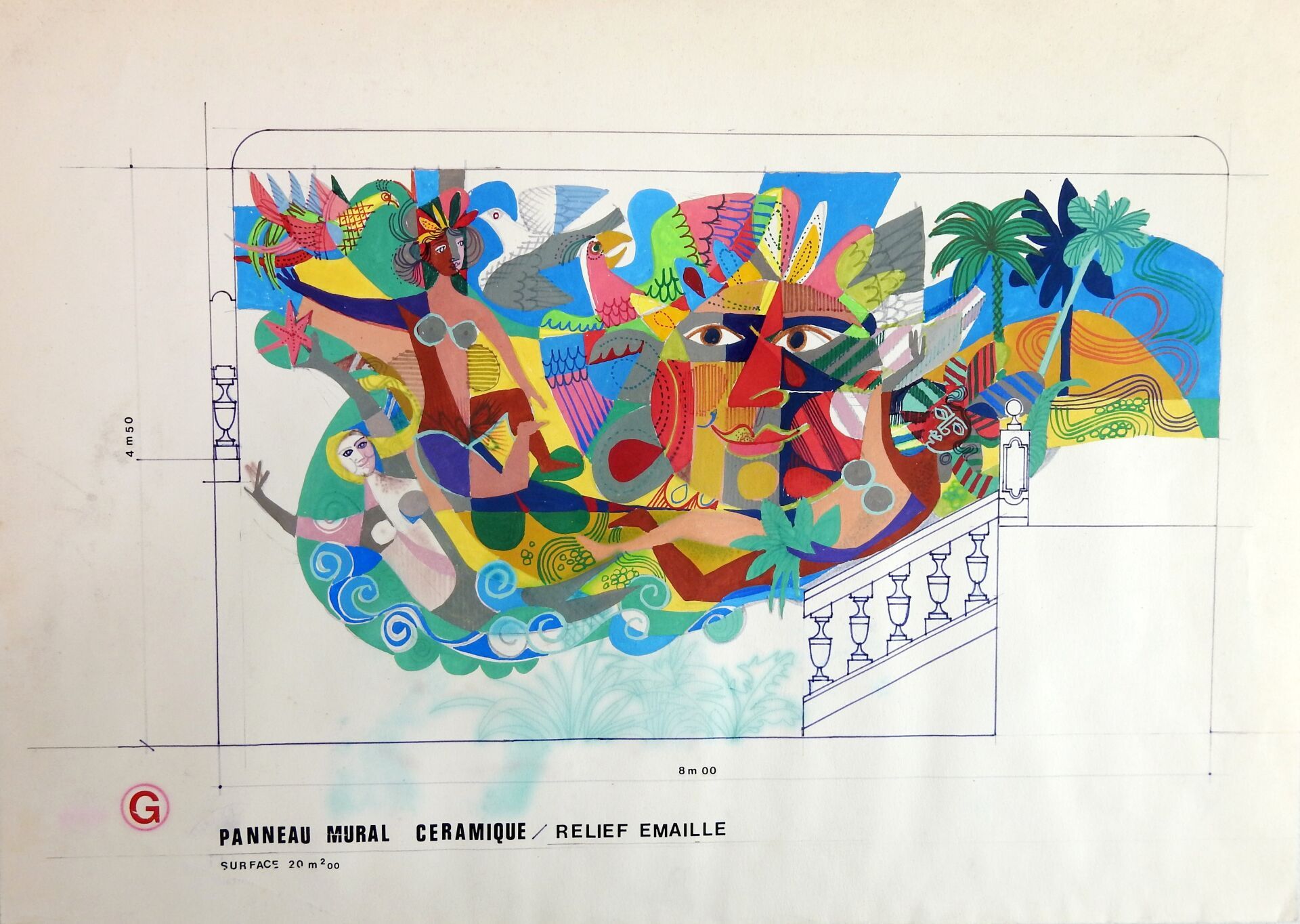 Null Jean DERVAL (1925-2010) :壁画 "陶瓷墙板/搪瓷浮雕 "项目。水粉画。背面有 "Jean Derval le portail &hellip;