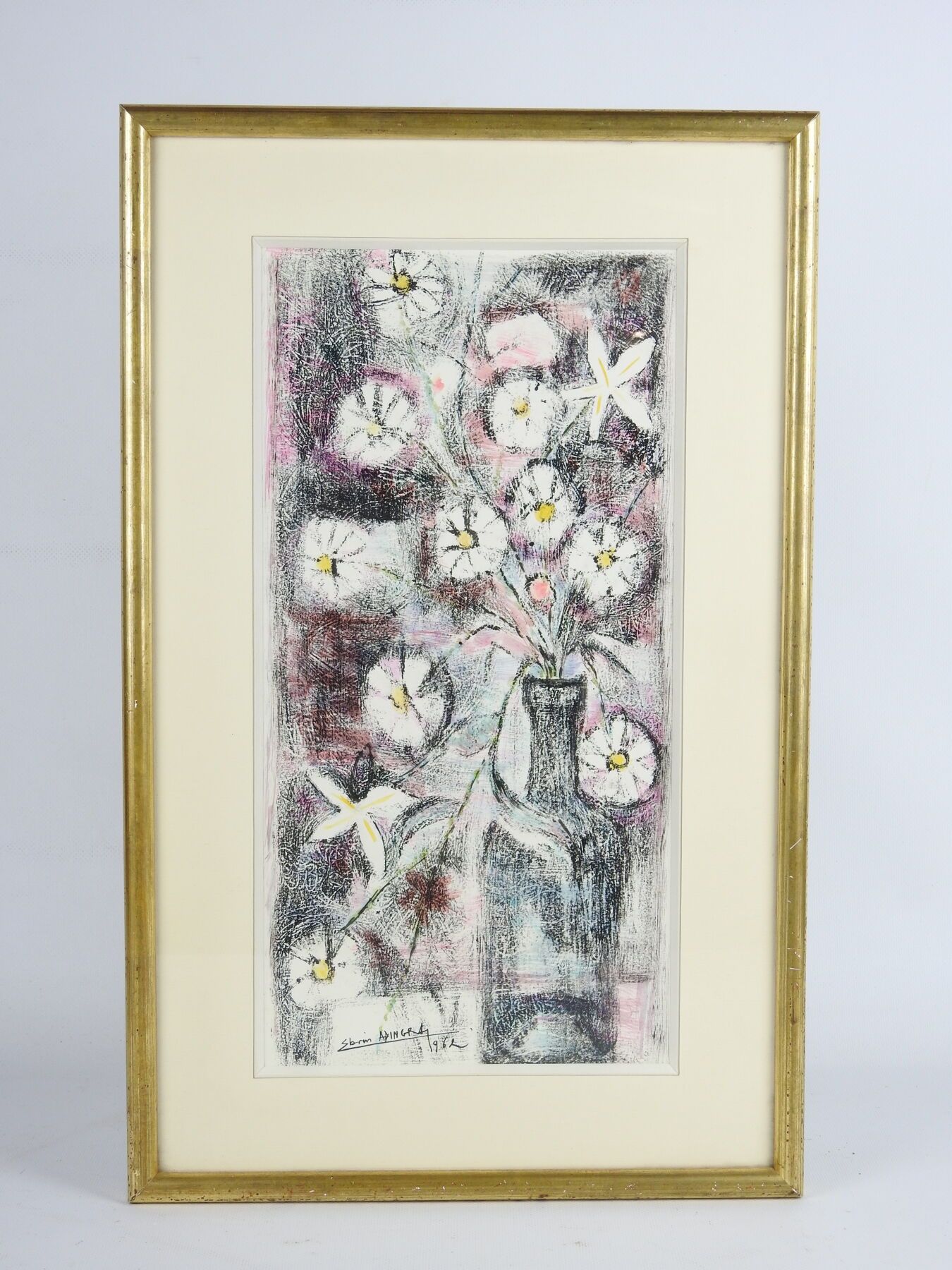 Null 乔治-埃布林-阿丁格拉王子（1933-2005）:花瓶里的花。打印。左下方有签名和日期1962。39 x 19厘米。