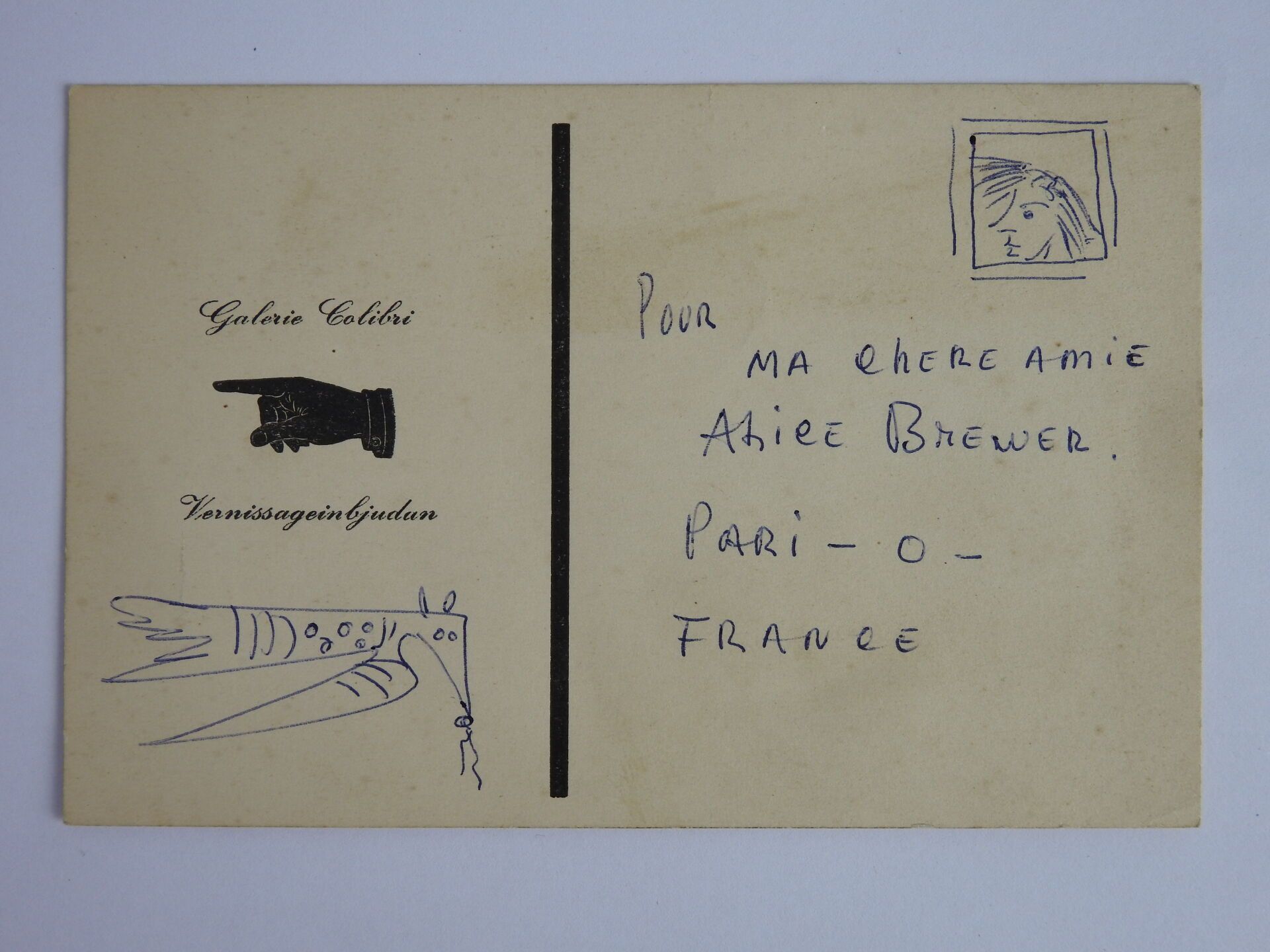Null 在Colibri画廊（马尔默）举行的Wifredo Lam开幕式的邀请函，献给Alice Brewer，并附有两张小的biros画。在一个信封里。

&hellip;