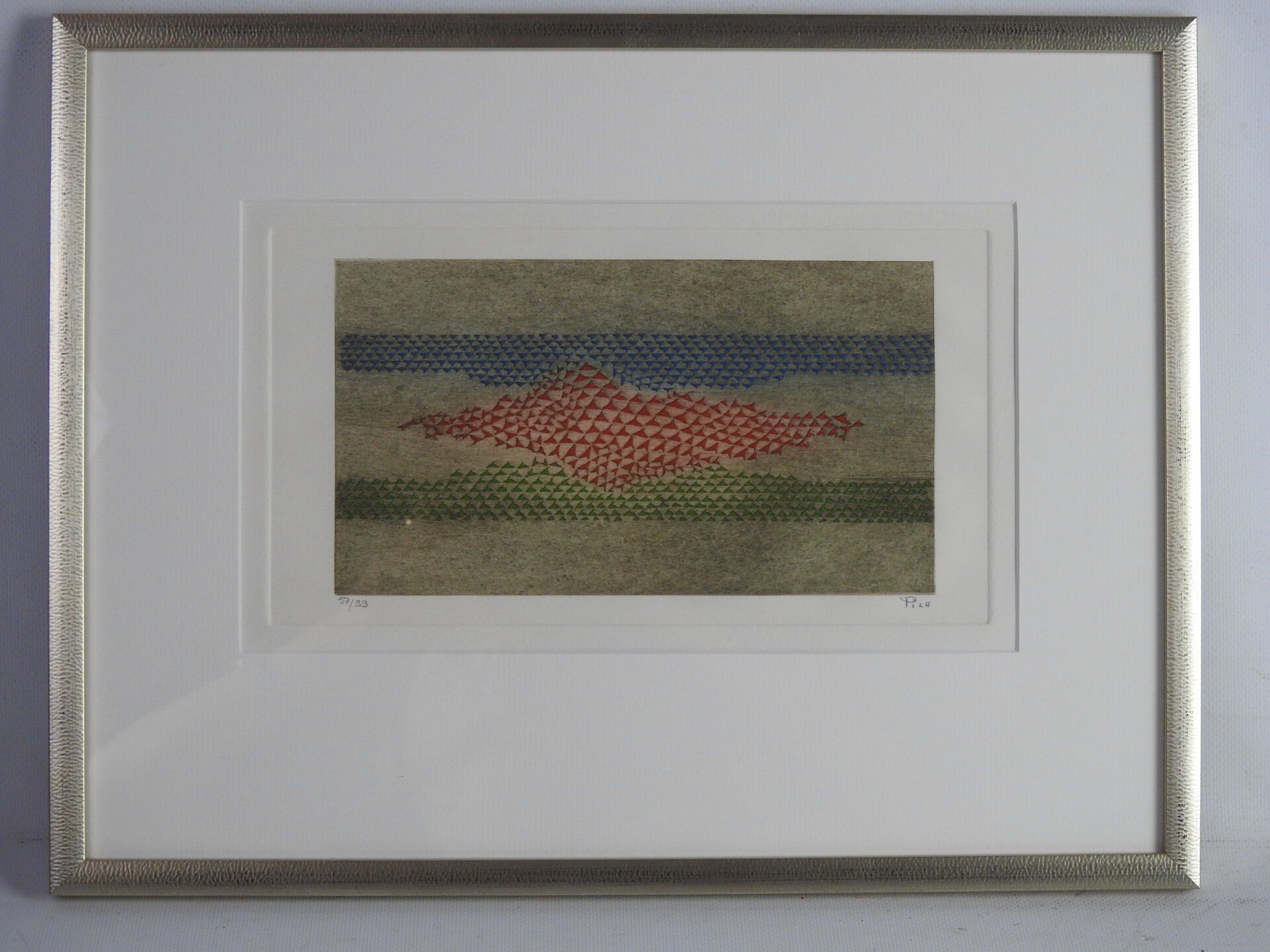 Null 阿瑟-路易斯-皮扎（1928-2017）。漂流（1979）。蓝色、红色、绿色和双色的凿刻图案。N°57/99.15 x 27厘米。

书目：皮萨，K.&hellip;