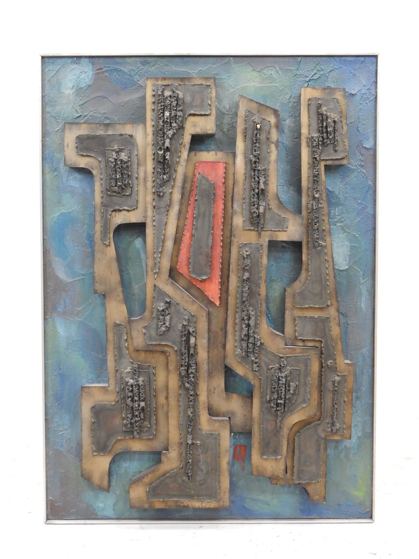 Null 凯勒（20岁）。春天。混合技术。抛光铁质浮雕，抽象图案固定在绿松石背景的彩绘木上。背面有签名、标题和日期73。80 x 64 cm。