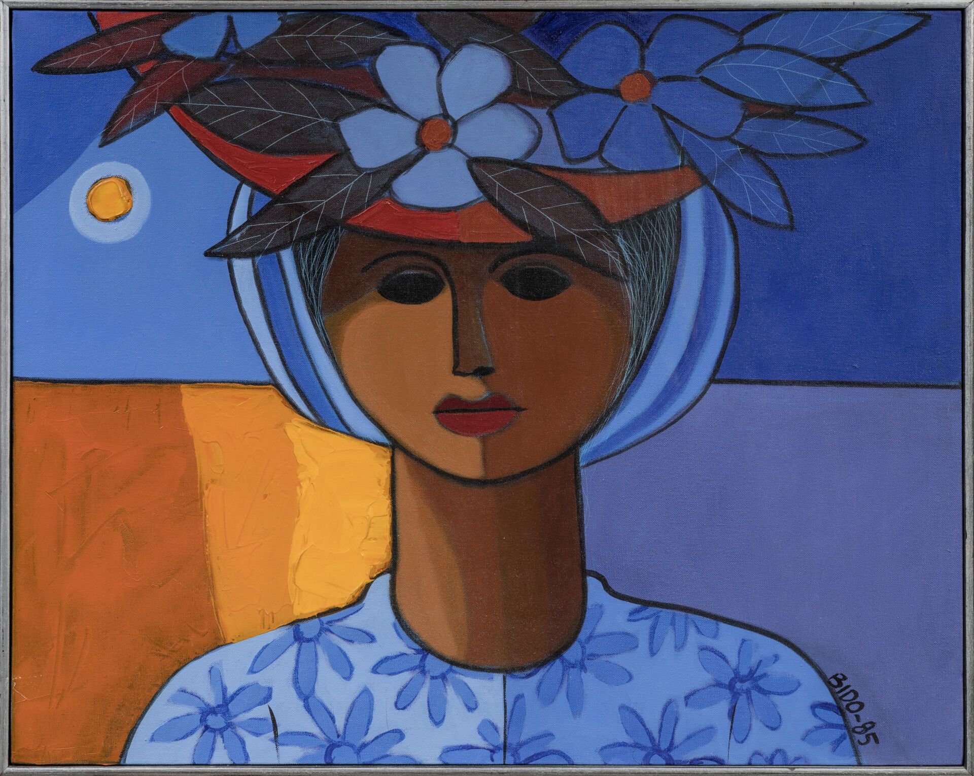 Null Candido BIDO（1936-2011）：Muchacha con sombrero de flores。布面油画。右下方有签名，日期为1985&hellip;