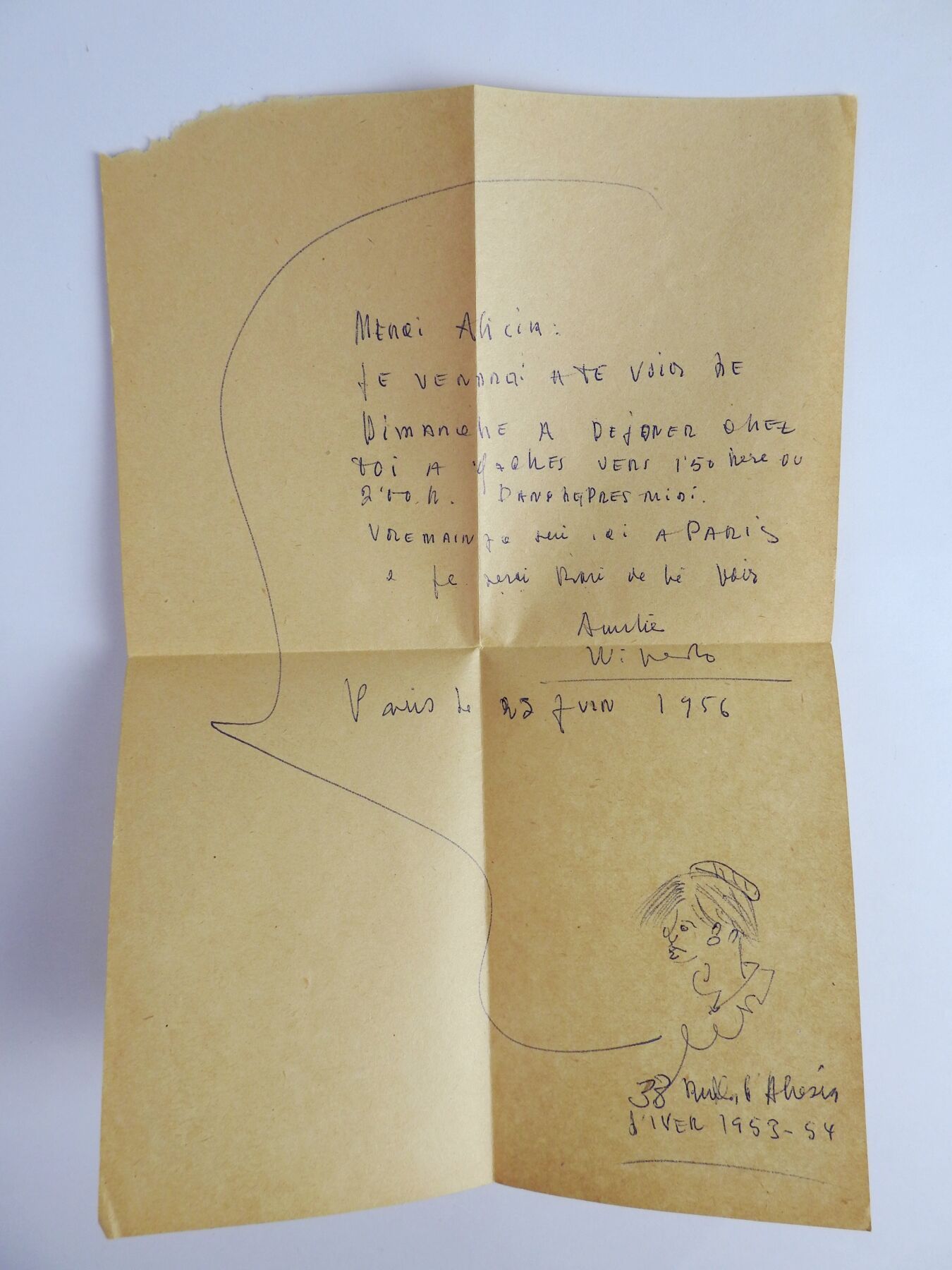 Null 签名为Wifredo LAM的手写信件，收件人为Alicia，巴黎，1956年6月，附有 "女人的轮廓 "图。23 x 15厘米。左上角有破损。

提&hellip;