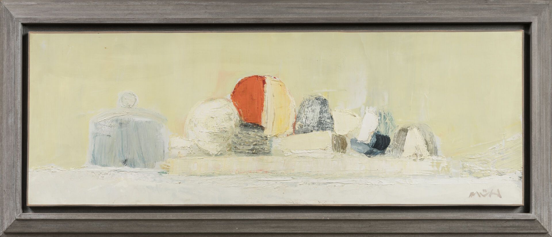 Null 罗杰-穆尔（1929-2008）。静物与奶酪盘。布面油画。右下方有签名。36 x 106 cm