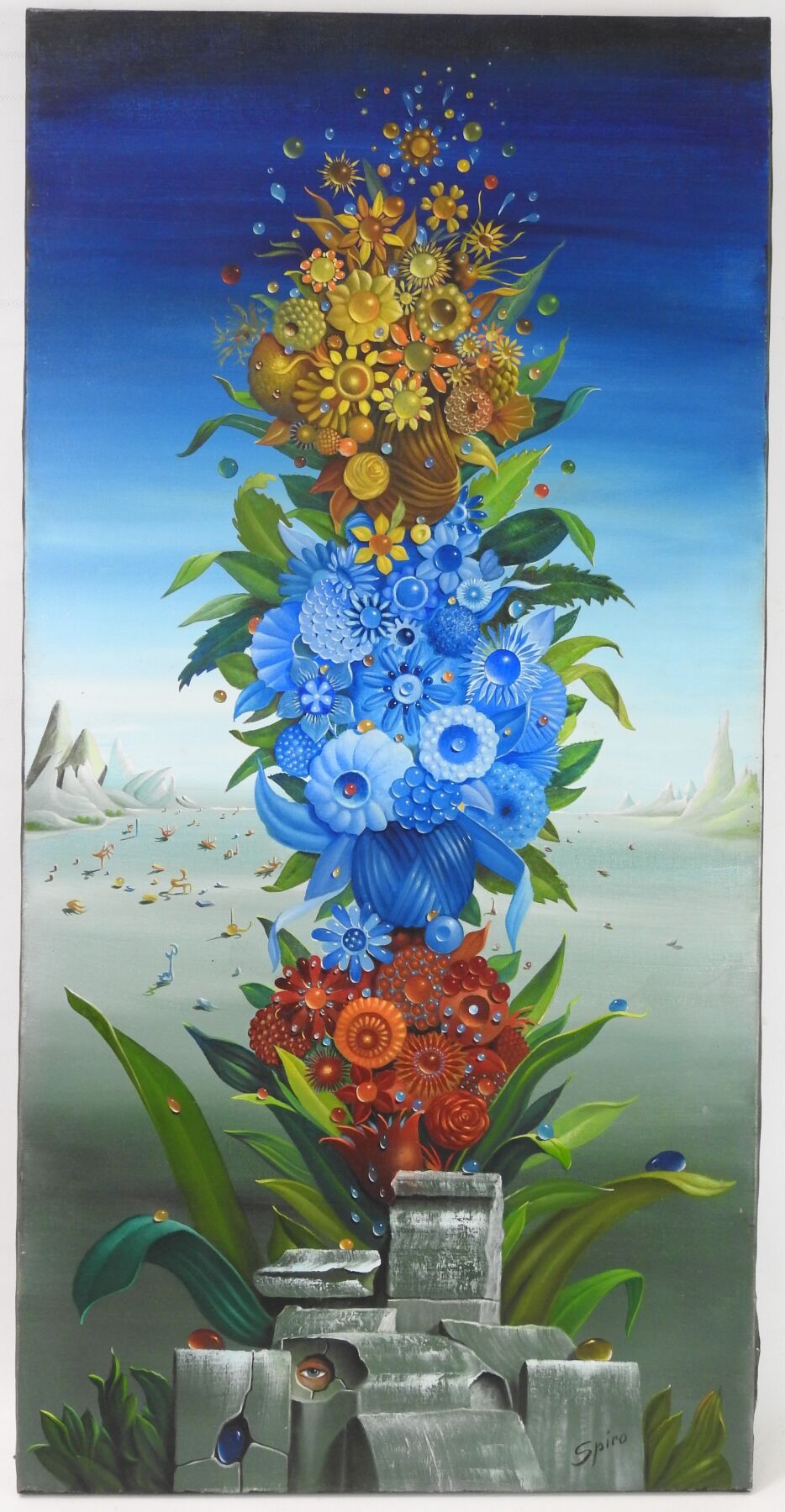 Null 乔治-斯皮罗（1909-1994）：超现实主义的风景与花卉构成。帆布。右下方有签名。100x50厘米