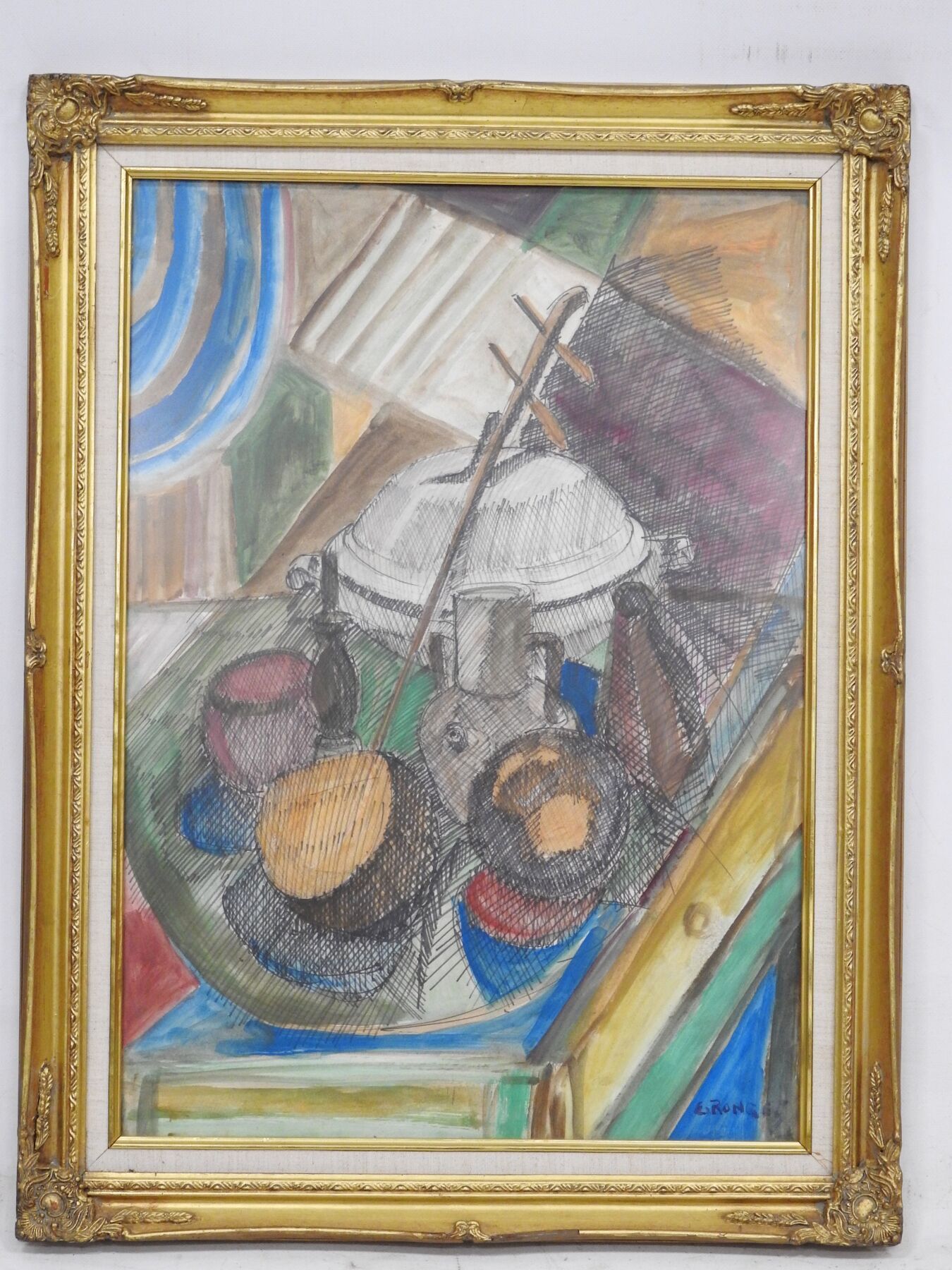 Null Elisabeth RONGET (1893-1972): 静物与壶和汤杯。水粉画，水粉洗和黑色毡笔。右下角有签名。70 x 48厘米（见图）--带框&hellip;
