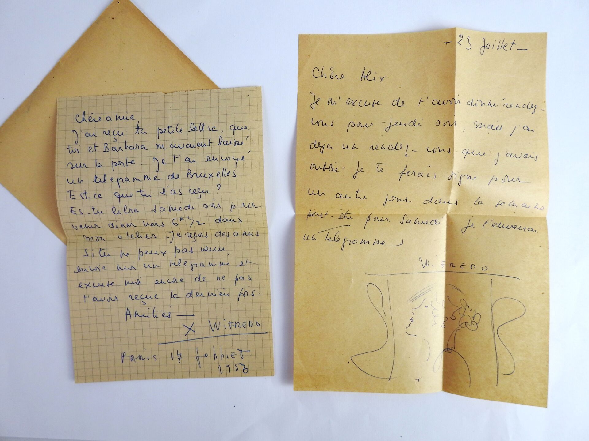 Null 署名为Wifredo LAM的手写信件，7月23日在巴黎写给Alix，并附有 "女人的轮廓 "图。23 x 15厘米。折叠。在一个撕裂的空白信封里。
&hellip;
