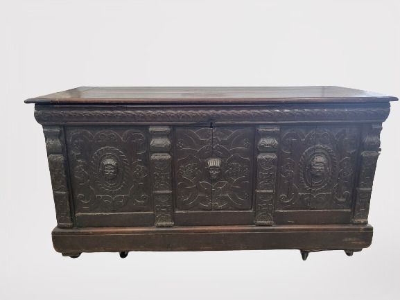 Null Natural wood molded and carved chest, the front with three panels centered &hellip;