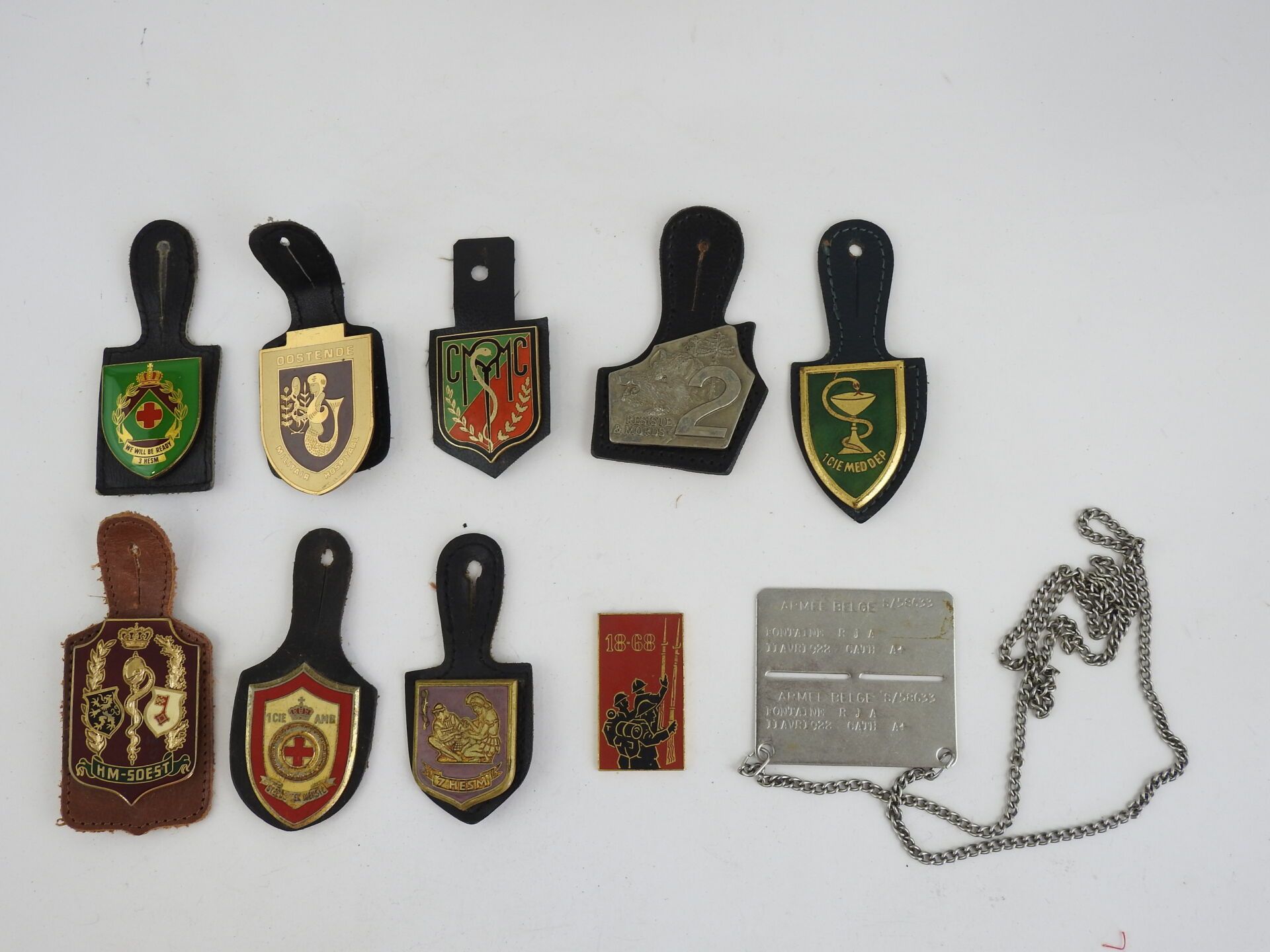 Null INSIGNES。比利时。一批9个军事卫生服务的团级徽章，其中一个身份牌的日期是1922年。BE