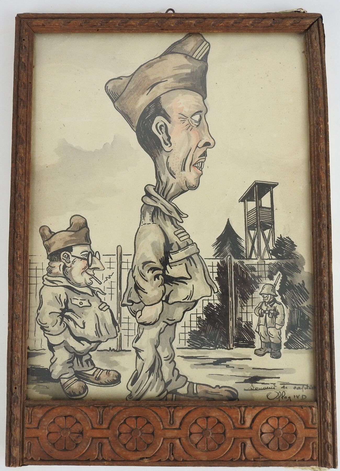Null 法国学校。"Souvenir de captivité, OFLAG IV D"，钢笔画，两个法国军官的漫画。格式23.5 X 17.5厘米。在玻璃下&hellip;