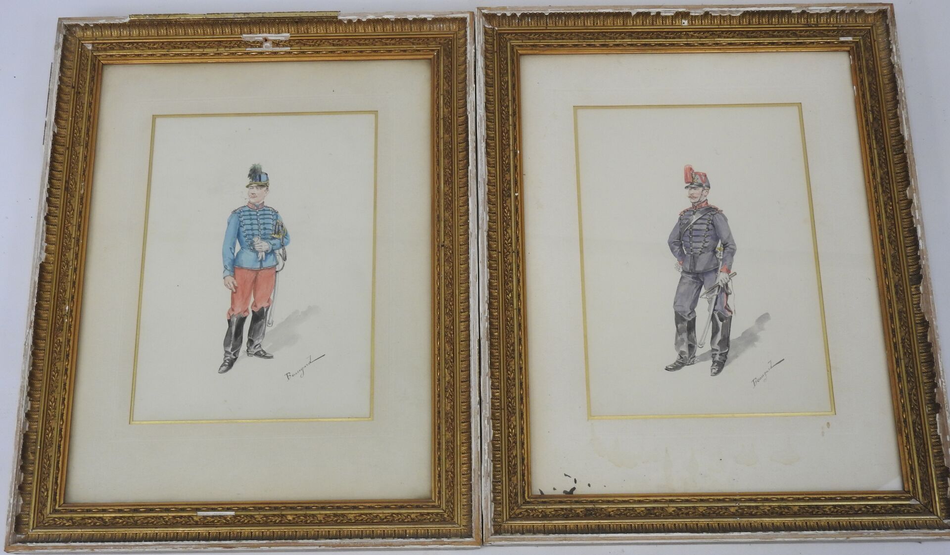 Null BEAUGARD.19世纪的法国学校。第30团马背上的炮兵，第12团马背上的骑兵，一对墨水和水彩画，已签名，视线30 x 23厘米，玻璃框架，镀金框架&hellip;