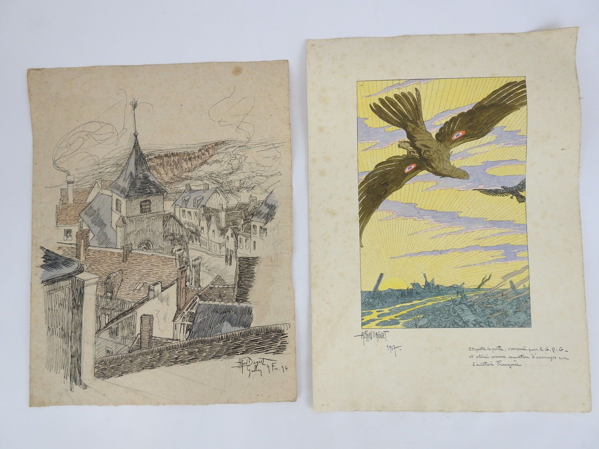 Null DAGUET Alfred (1875-1942)，原笔画加水彩，标题为："门标，为G.Q.G.创作，用作法国航空书籍的封面"，SBG，日期为1917&hellip;