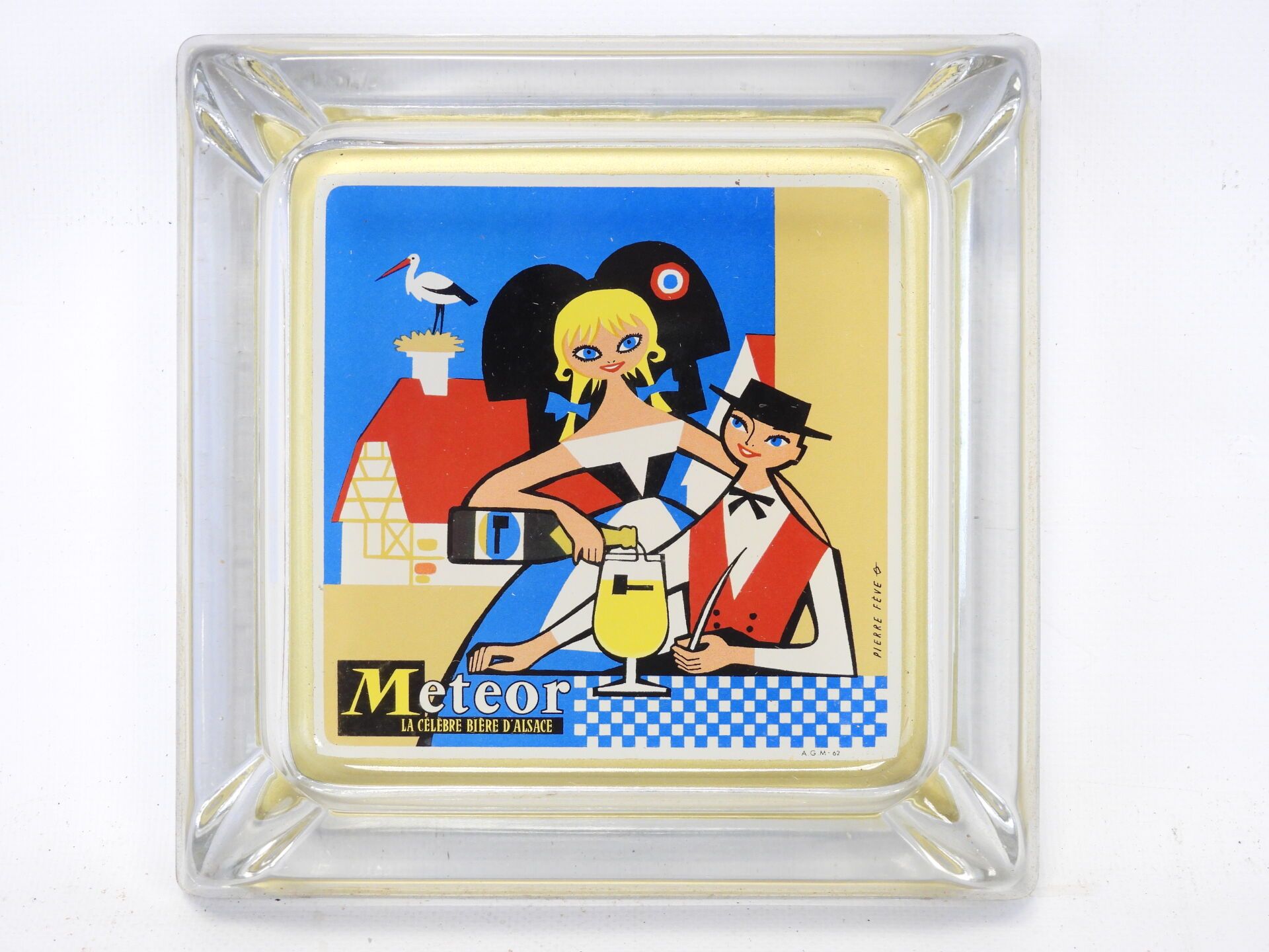 Null METEOR : 模制玻璃广告烟灰缸，有体外装饰。标有 "流星--阿尔萨斯的著名啤酒"。Pierre Fève, AGM 62. 16 x 16 cm