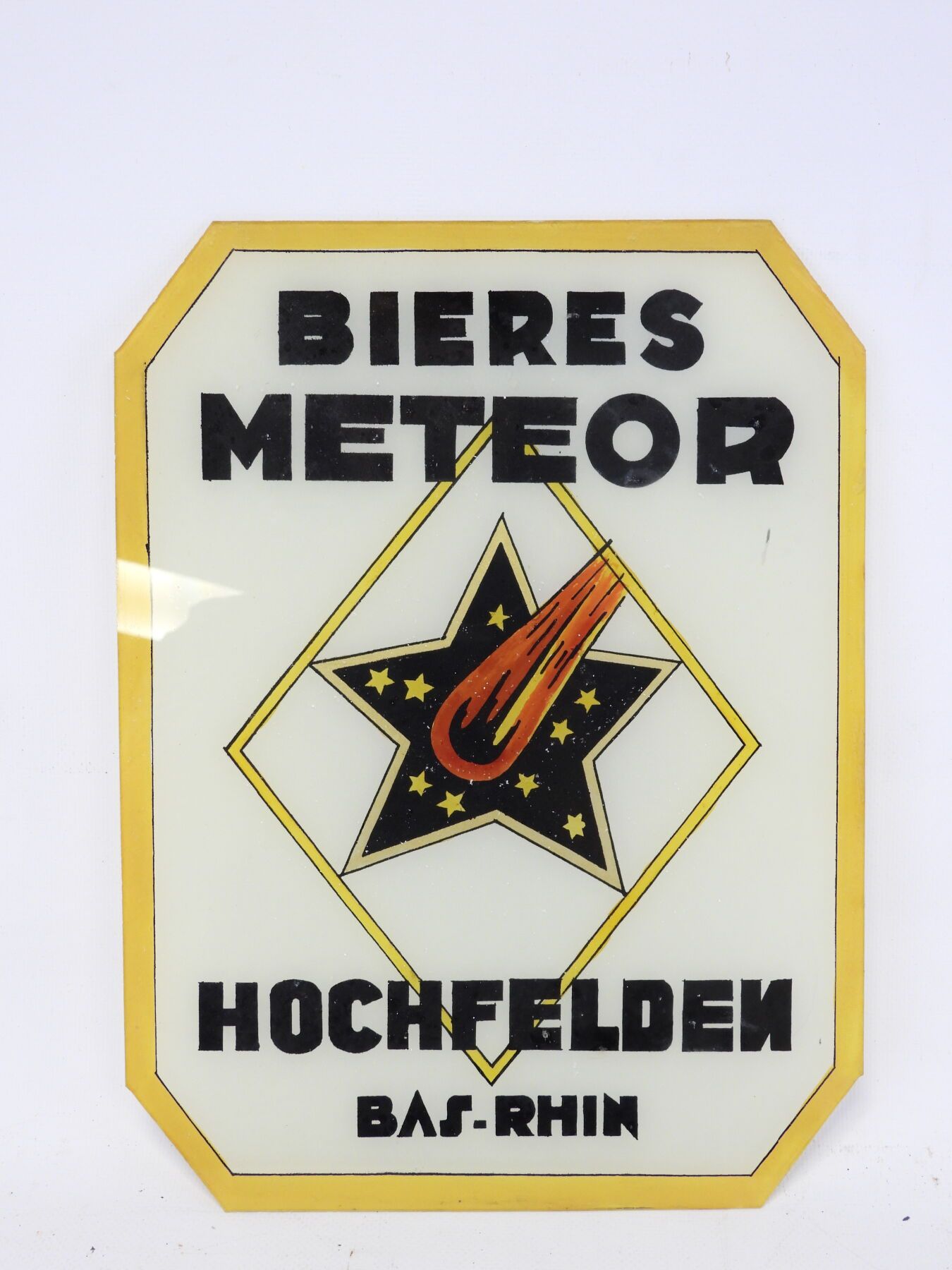 Null METEOR: Werbeplakette aus Glas mit der Aufschrift "Bières Meteor Hochfelden&hellip;
