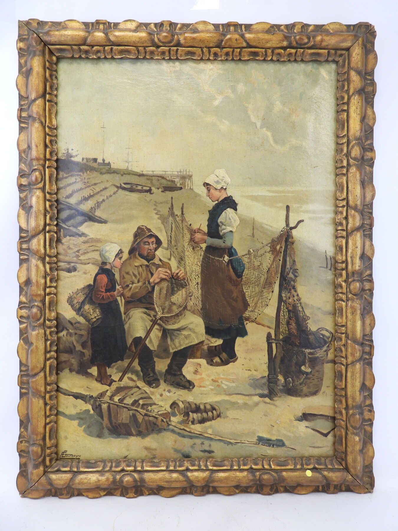 Null E. GOURBEYRE (?) : Le Ravaudage des filets de pêche. Huile sur toile, signé&hellip;
