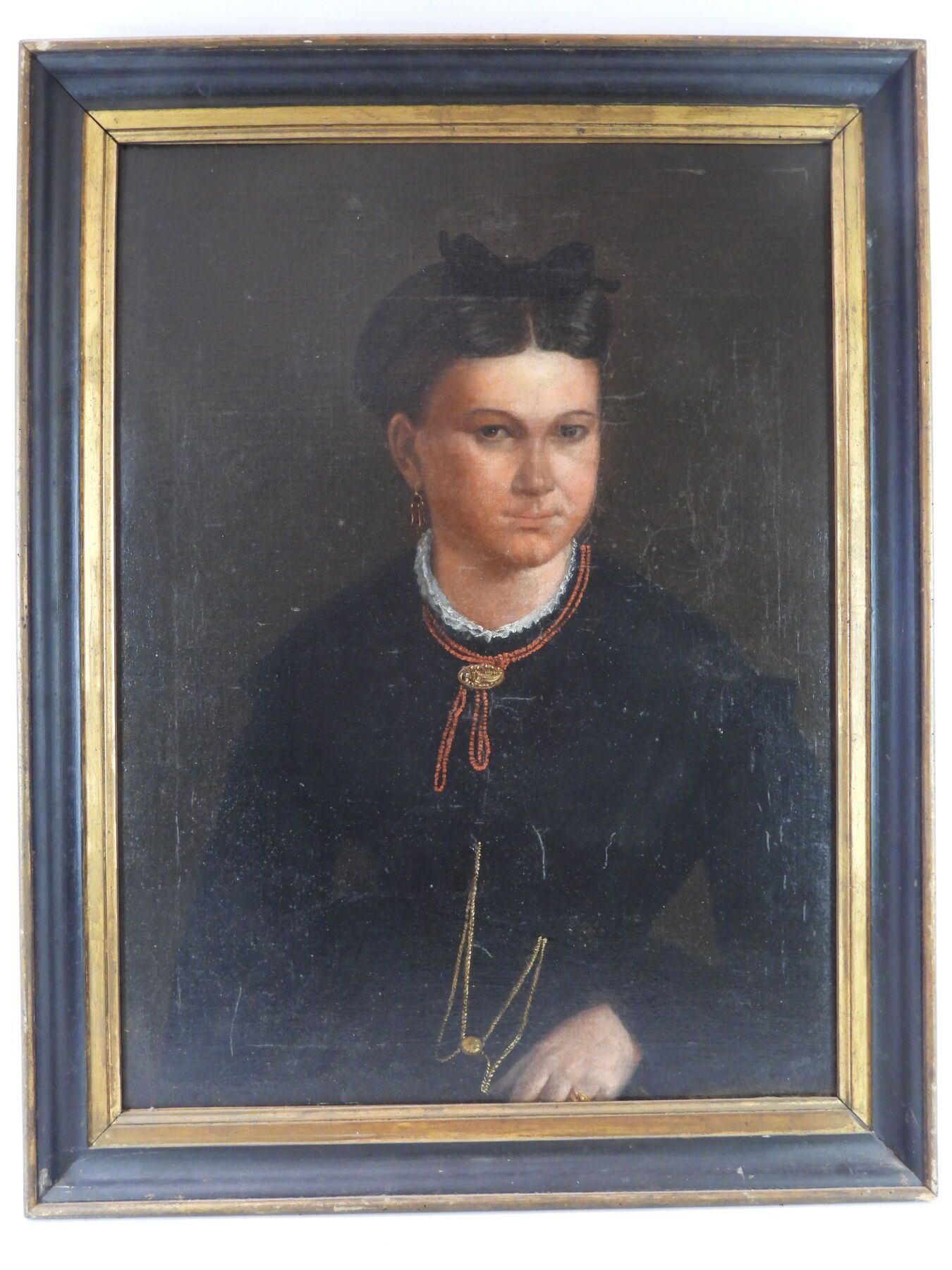 Null FRANZÖSISCHE SCHULE des 19. Jahrhunderts: Porträt einer Frau mit rotem Hals&hellip;