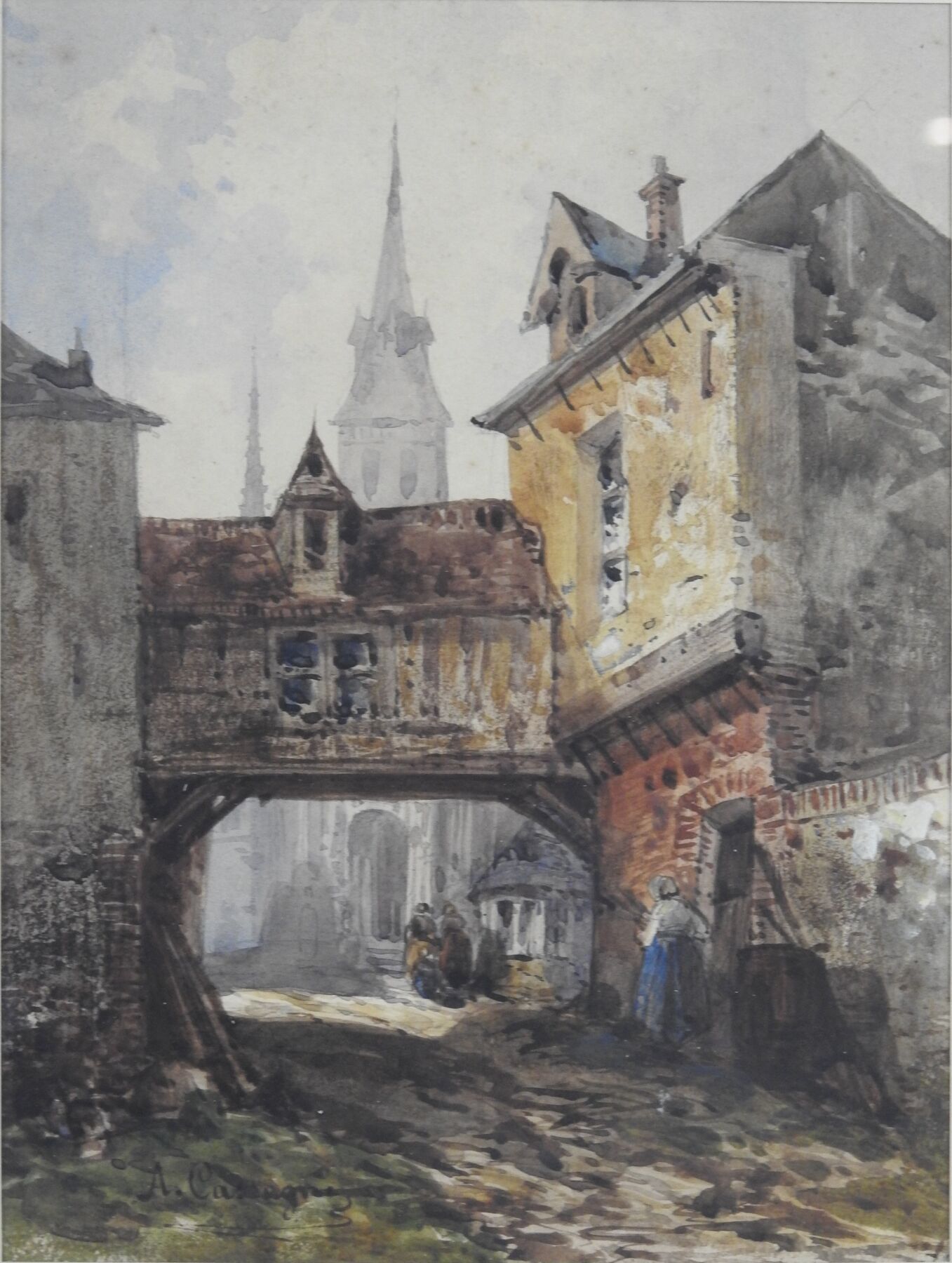 Null 阿尔芒-卡萨格纳（1823-1907）:旧街道。两幅水彩画，左下角有签名。26 x 19厘米和25 x 15厘米的视线。在玻璃下装裱。