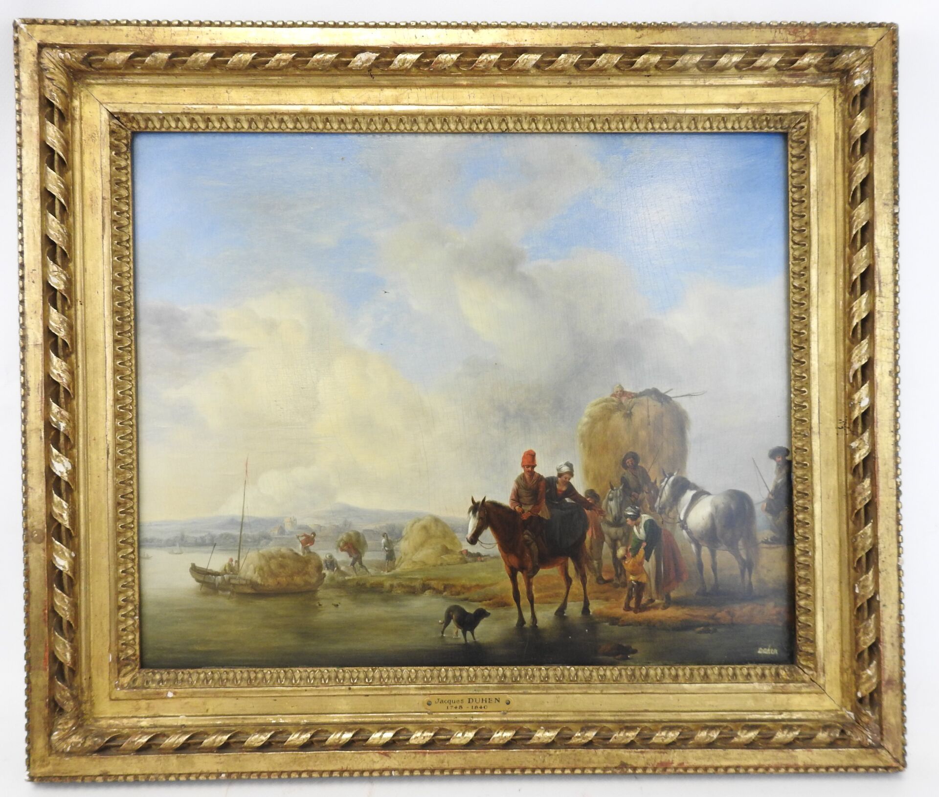 Null 雅克-约瑟夫-杜衡（1748-1840）：《丰收的运输》。木板上的油画，右下角有签名，装在木质和镀金灰泥框架中。带钥匙的雕花木框