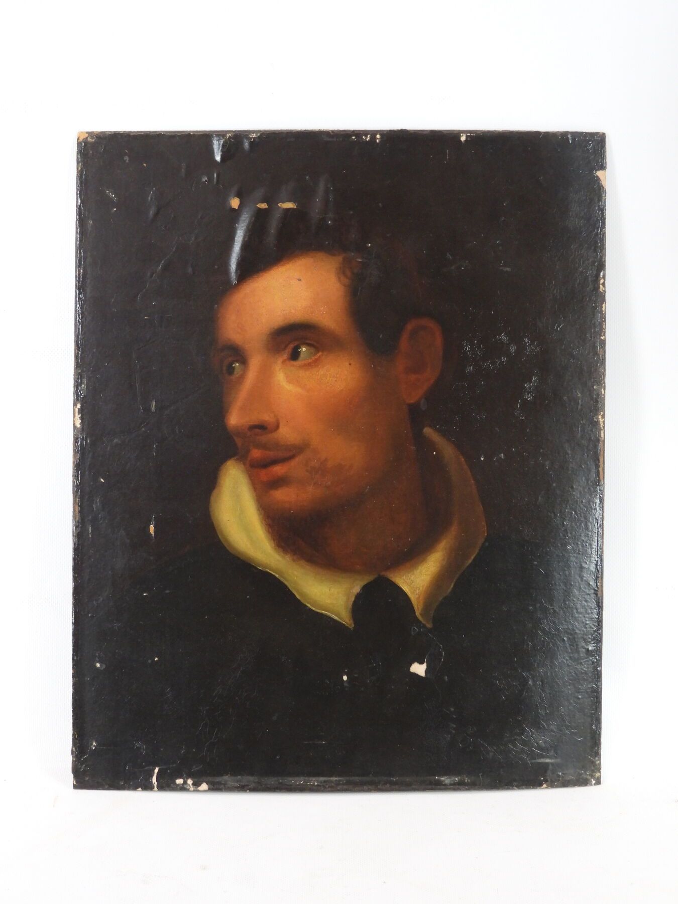 Null 
19世纪的法国学校：一个男人的肖像。纸上油彩装在面板上。46 x 37厘米。材料的跳跃，翘曲的支撑