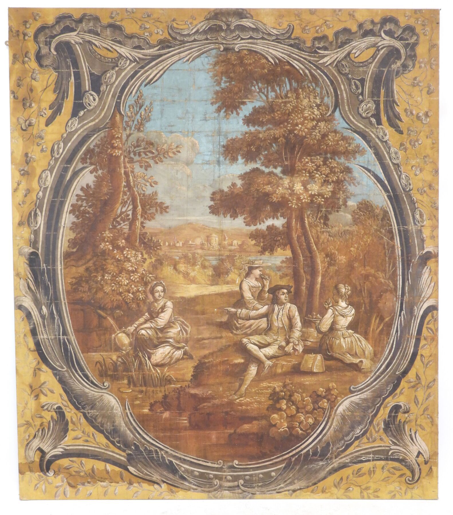 Null 18世纪法国学校：Scène galante。重要的布面油画。249 x 216厘米。事故、材料的变化、污点