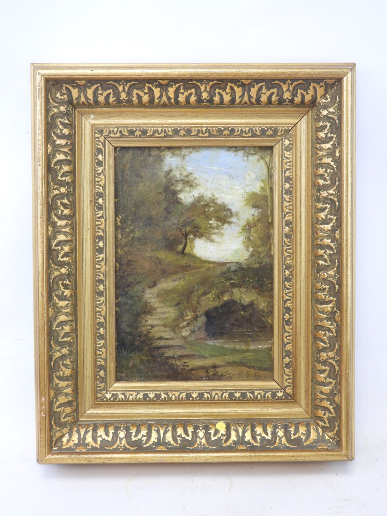 Null A.L. BERTHE（第十九至二十届）:有楼梯的景观。纸板上的油画，右下方有签名。24 x 16 cm。