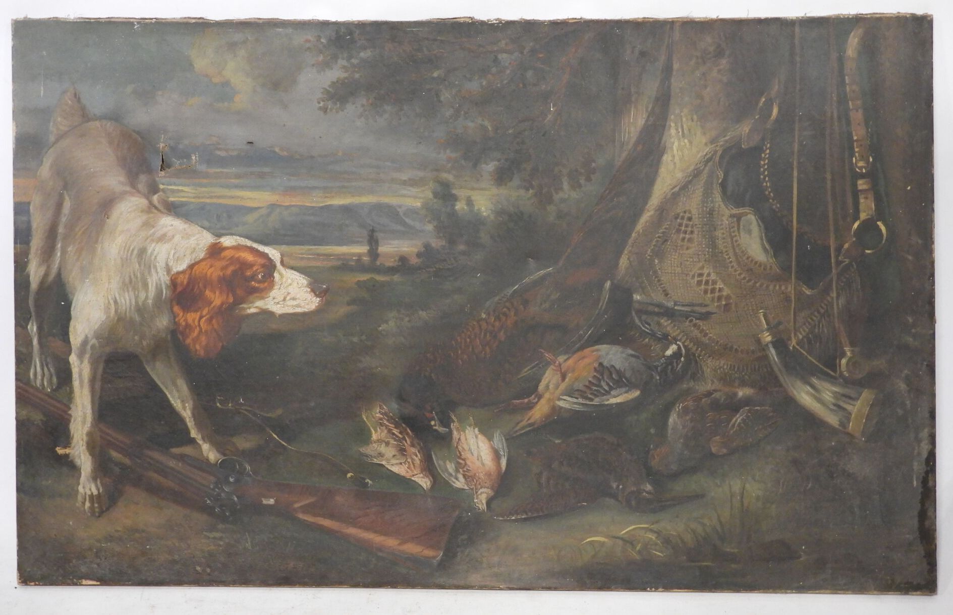 Null 19世纪法国学校：猎狗观看比赛。油画，93 x 150厘米（洞，磨损）。