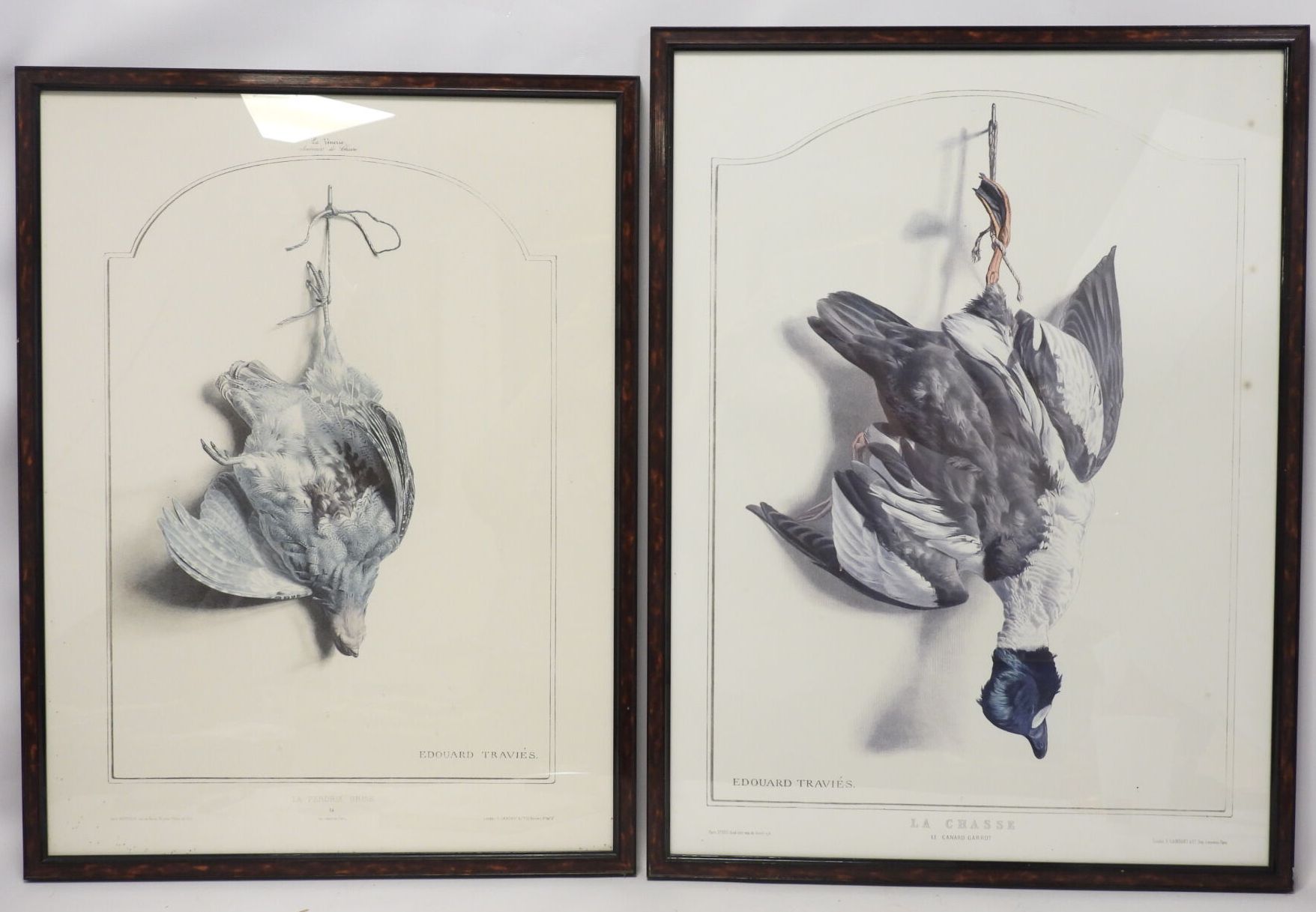 Null 继爱德华-特拉维斯之后：灰鹧鸪和金眼鸭。两幅纸上彩色印刷品。65 x 48厘米和62 x 46厘米。染色剂。