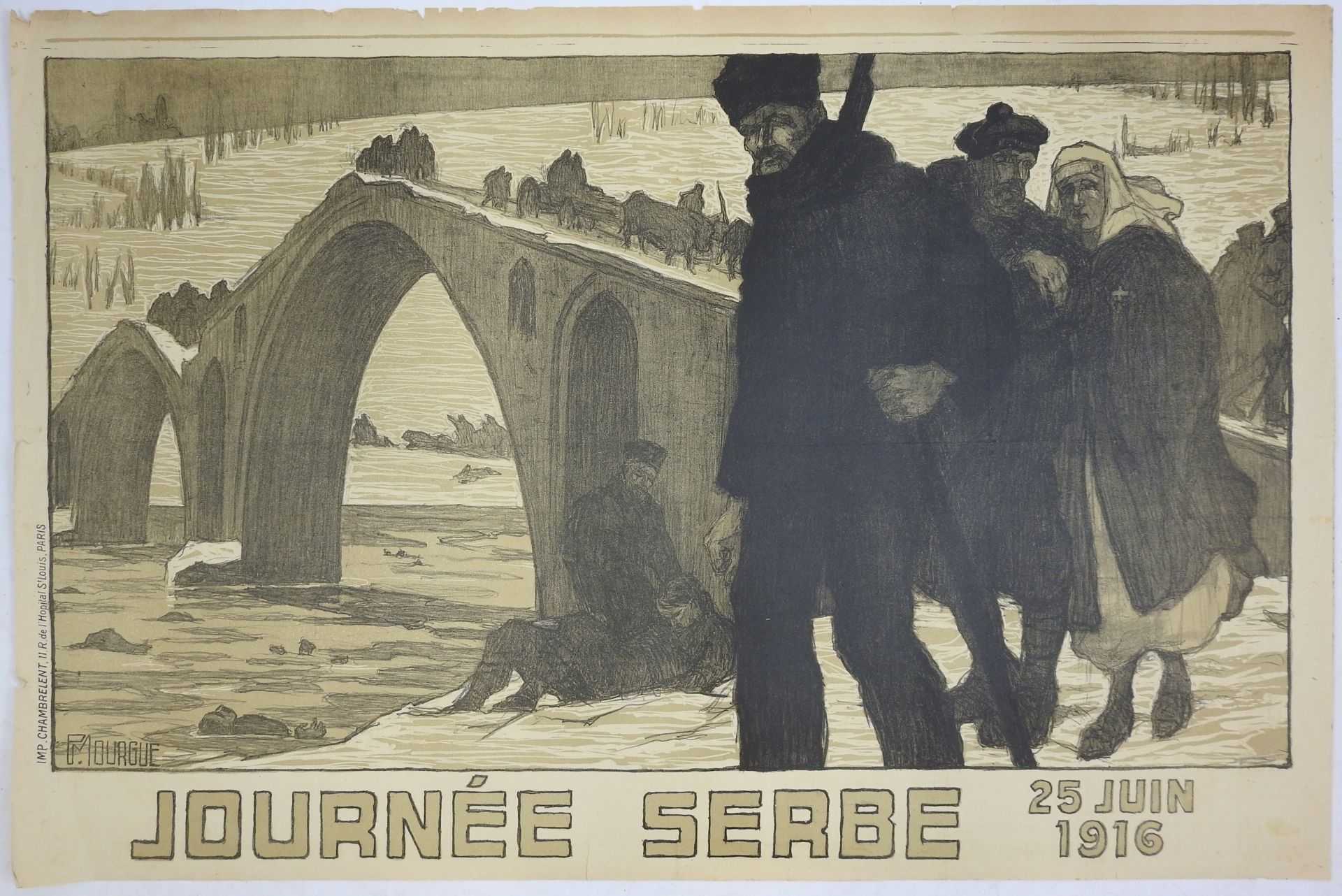 Null 海报。MOURGUE P. "1916年6月25日的塞尔维亚日 "无帆布背，80 X 120厘米。ABE Torn。