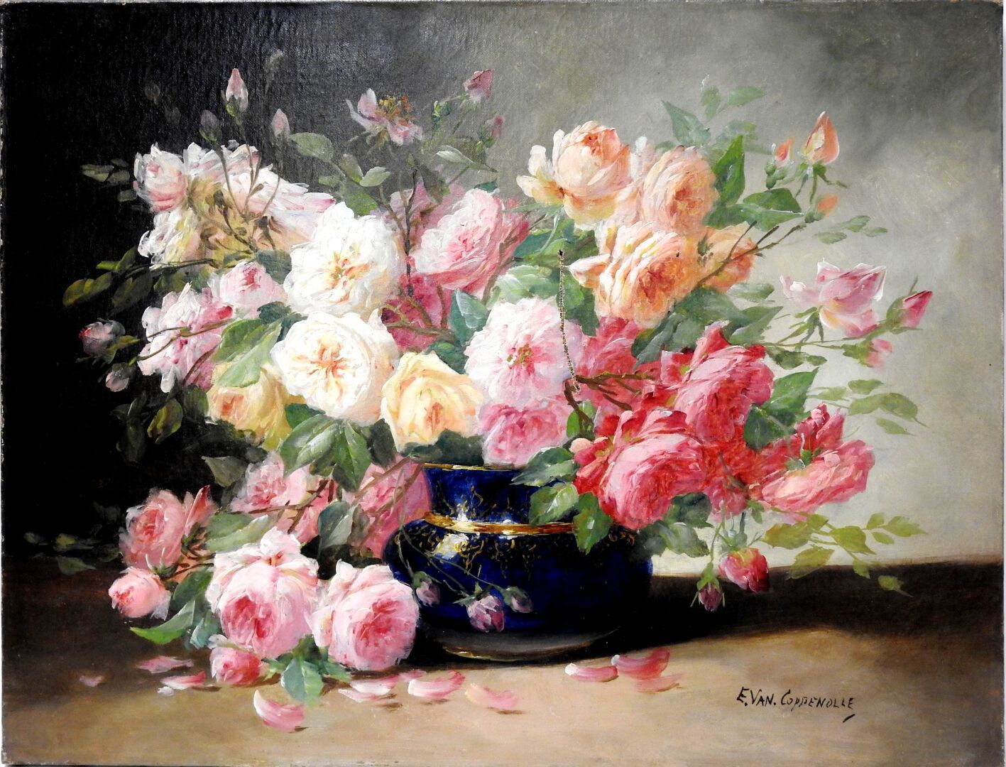Null 埃德蒙-范-孔佩诺尔 (约1843/46-1915)

有一束玫瑰花的静物。

布面油画。

50 x 65厘米

右下方有签名。

磨损、事故和修复&hellip;