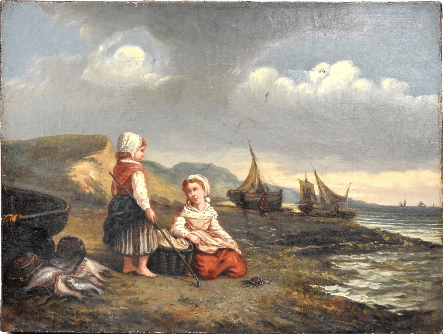 Null 19世纪的法国学校

钓鱼归来的母女俩。

布面油画。左下方有 "Poray "的签名和1889年的日期。

24,5 x 32,5 厘米。

磨损，&hellip;