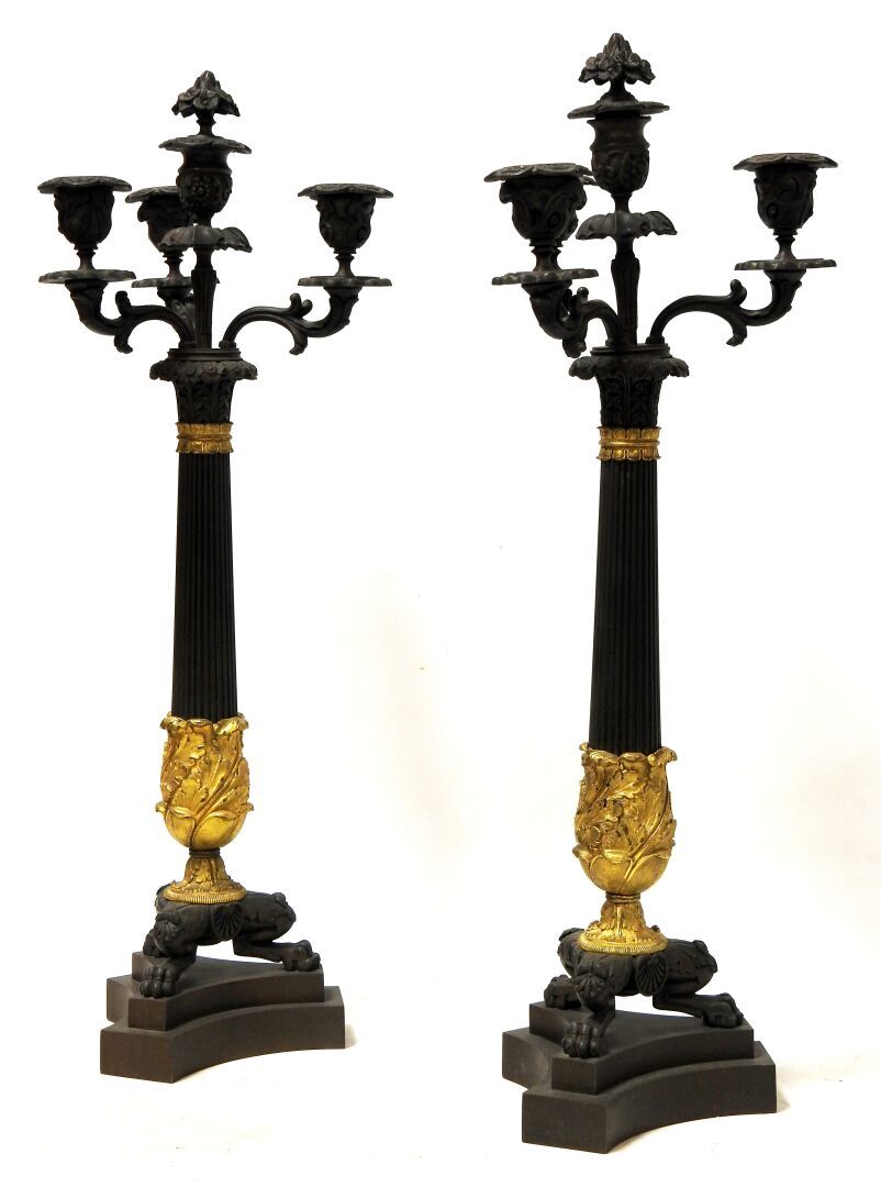 Null Pair of candelabras with four arms of light, in patinated and gilt bronze. &hellip;