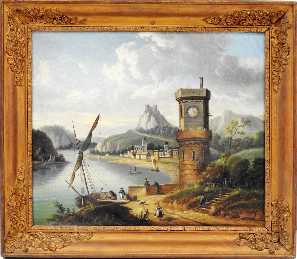 Null 19世纪的法国学校

河岸上的海港场景。

布面油画。

46 x 55,5厘米。

磨损，修复。