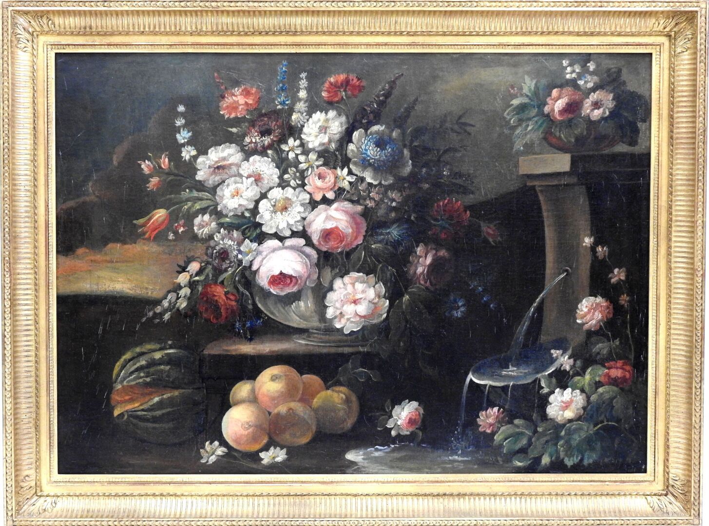 Null 
19世纪法国加斯帕德-洛佩斯风格的学校




静物画中的花卉构成，水果和喷泉。




布面油画。




69 x 96厘米。




磨损，修&hellip;