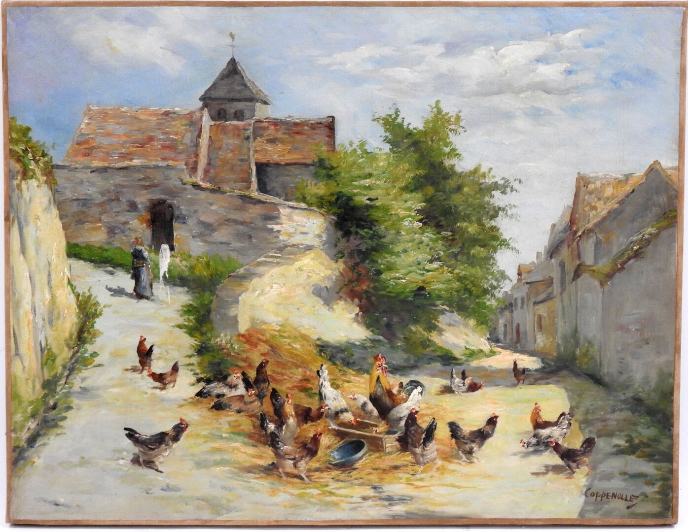 Null 埃德蒙-范-孔佩诺尔 (约1843/46-1915)

村里的鸡和公鸡在喂食。

布面油画。右下方有签名。

50 x 65厘米。

磨损和撕裂。