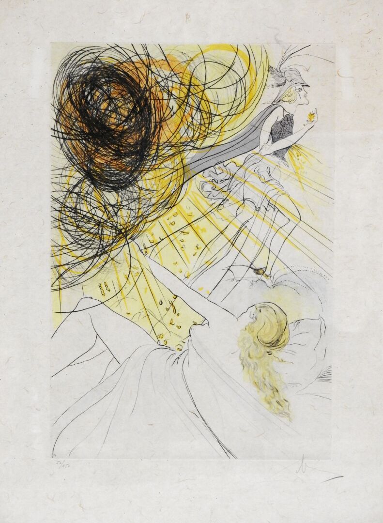 Null 萨尔瓦多-达利(1904-1989)

向水星致敬。

日本纸上的彩色印刷品。右下角有签名，并有50/150字样。

76 x 56厘米。

染色剂。