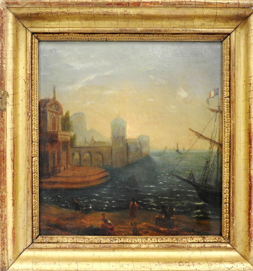 Null 18世纪法国学校，查尔斯-弗朗索瓦-拉克鲁瓦-德-马尔塞勒（约1700-1782）的品味。

日落时的港口景色。

布面油画。

18 x 17厘米。&hellip;