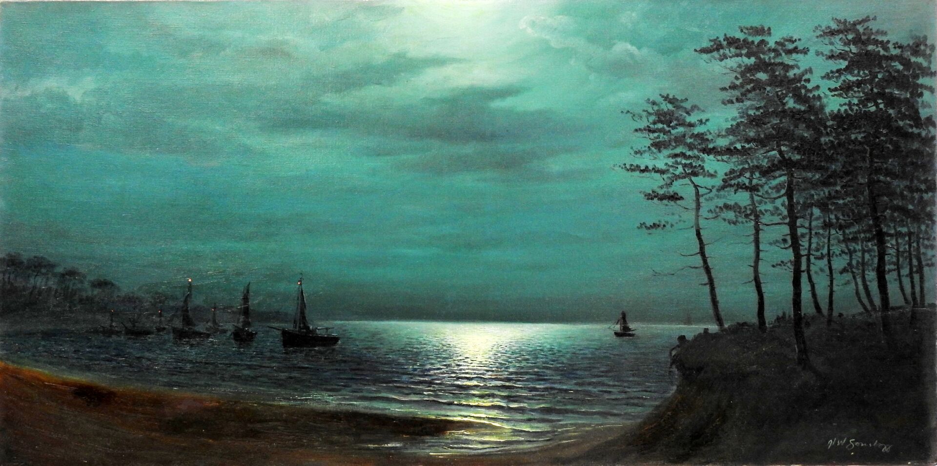 Null 
A. W. SONSTAGG ? 




Paesaggio con barche al chiaro di luna.




Olio su &hellip;