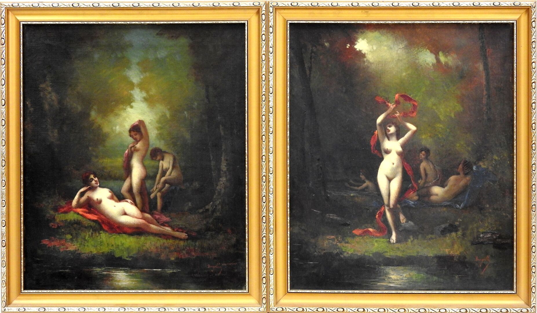 Null 弗雷德里克-布尔热拉(1833-1901)

水边的仙女们。

一对布面油画。右下方有签名。

55 x 46,5厘米。

磨损和撕裂。