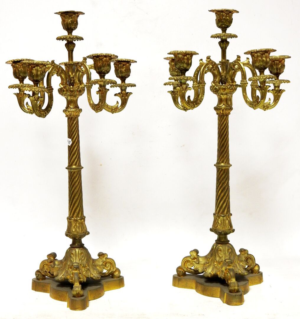 Null 
一对有六条灯臂的乌木烛台，上面装饰着扭曲和刺桐叶。




19世纪晚期。




高度：49厘米。




磨损和撕裂。