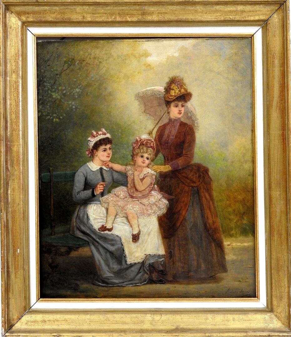 Null 安东尼-耶鲁斯--19世纪

在公园里被母亲和保姆包围的年轻女孩。

布面油画。右下方有签名。

65,5 x 54,5厘米。

磨损，修复。