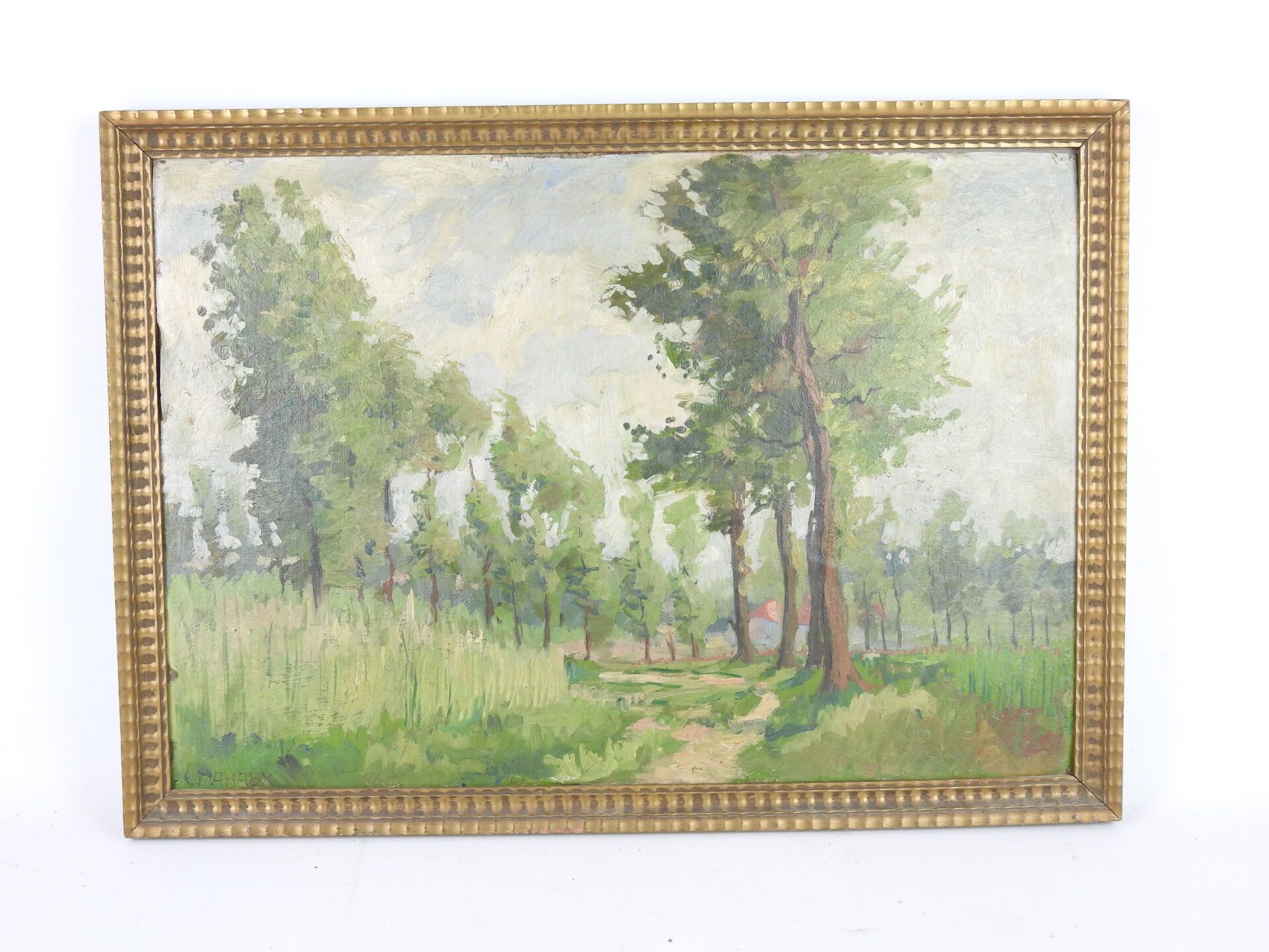 Null Eugène MAHAUX (peintre belge, 1874-1946) : Chemin en forêt. Huile sur panne&hellip;