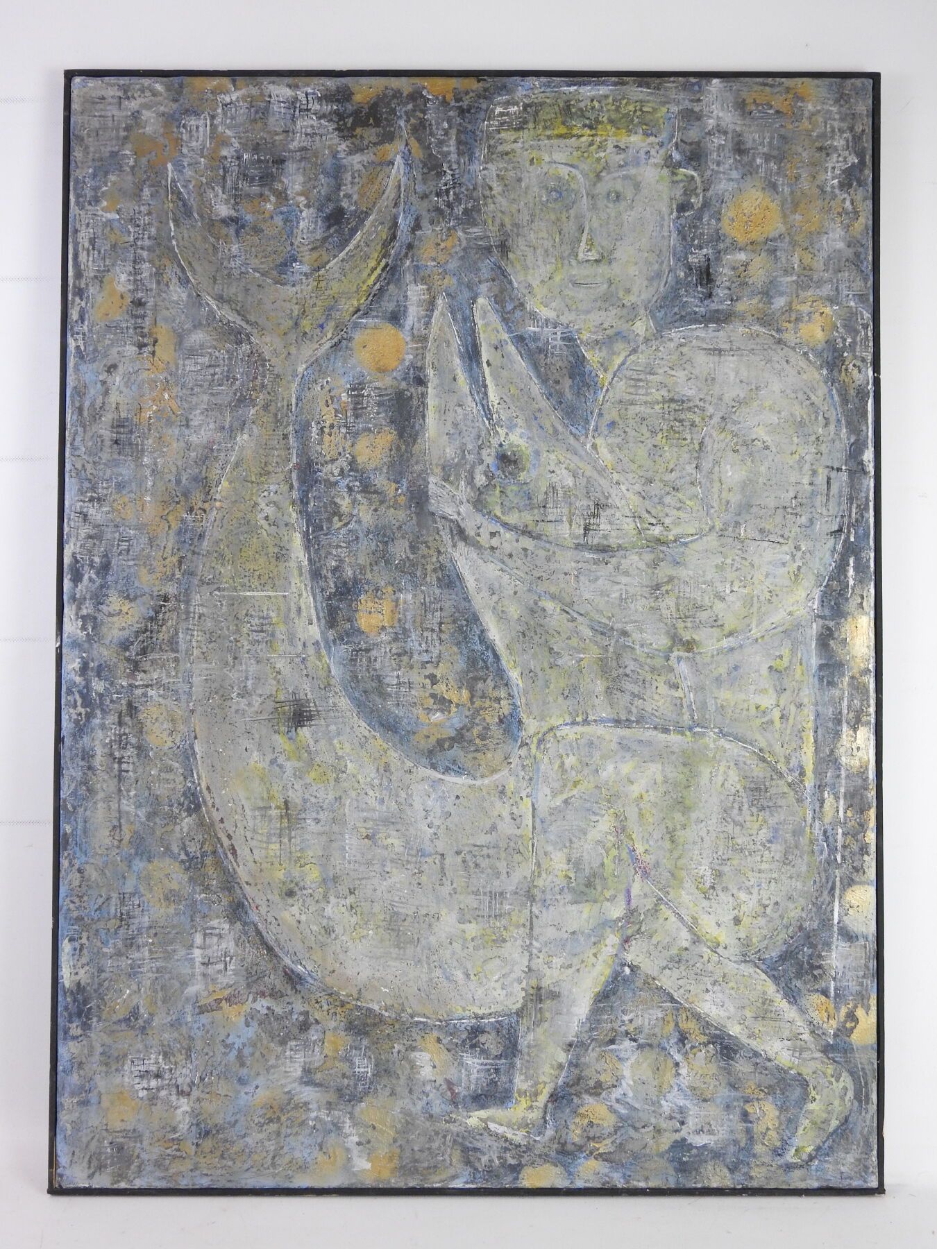 Null 20世纪法国学校：男人与海豚。布面油画。101 x 85厘米。