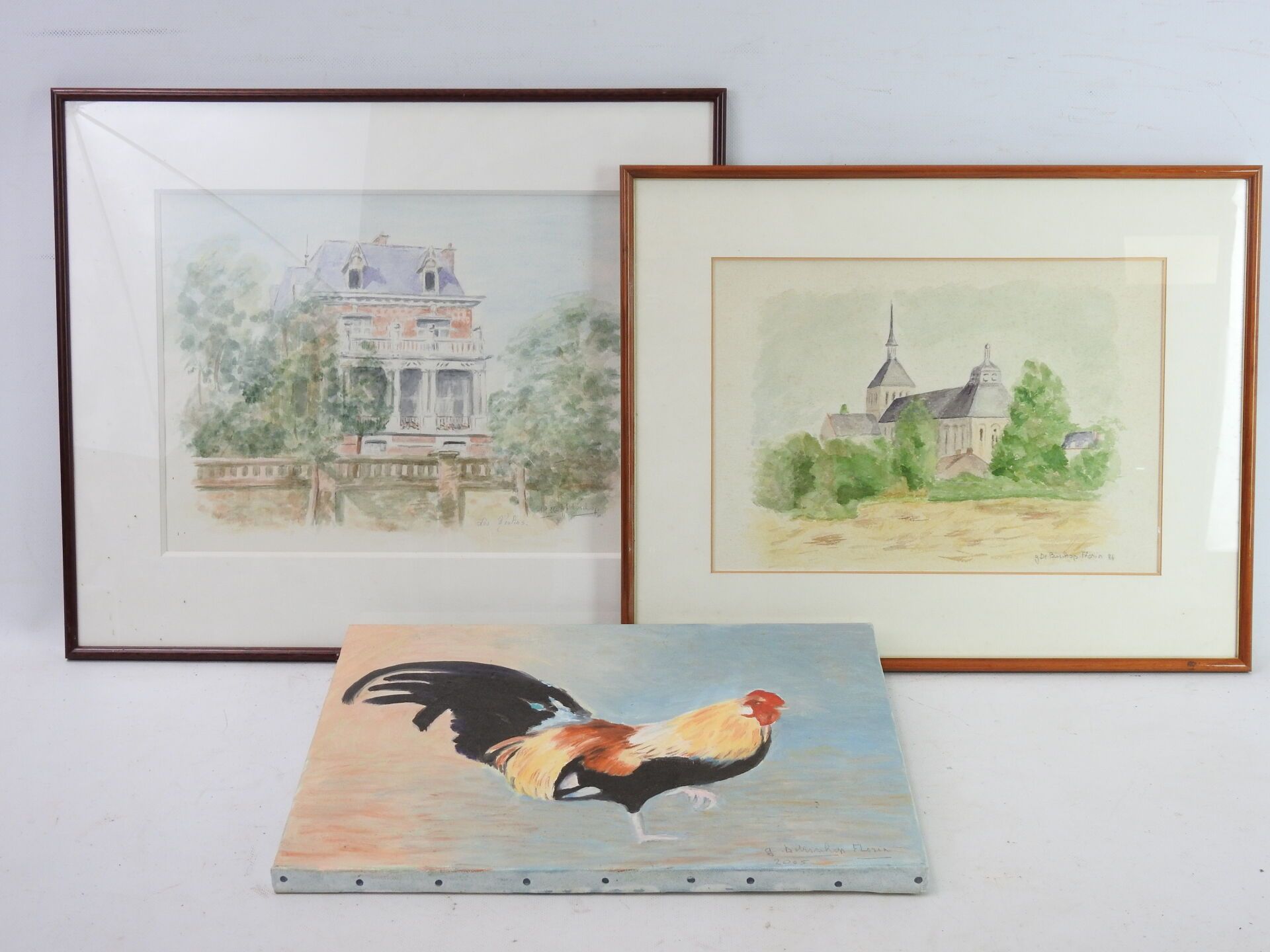 Null G.DE BISSCHOP-FLORIN - 二十世纪：包括两幅教堂和城堡的水彩画，以及一幅画有公鸡的布面油画。