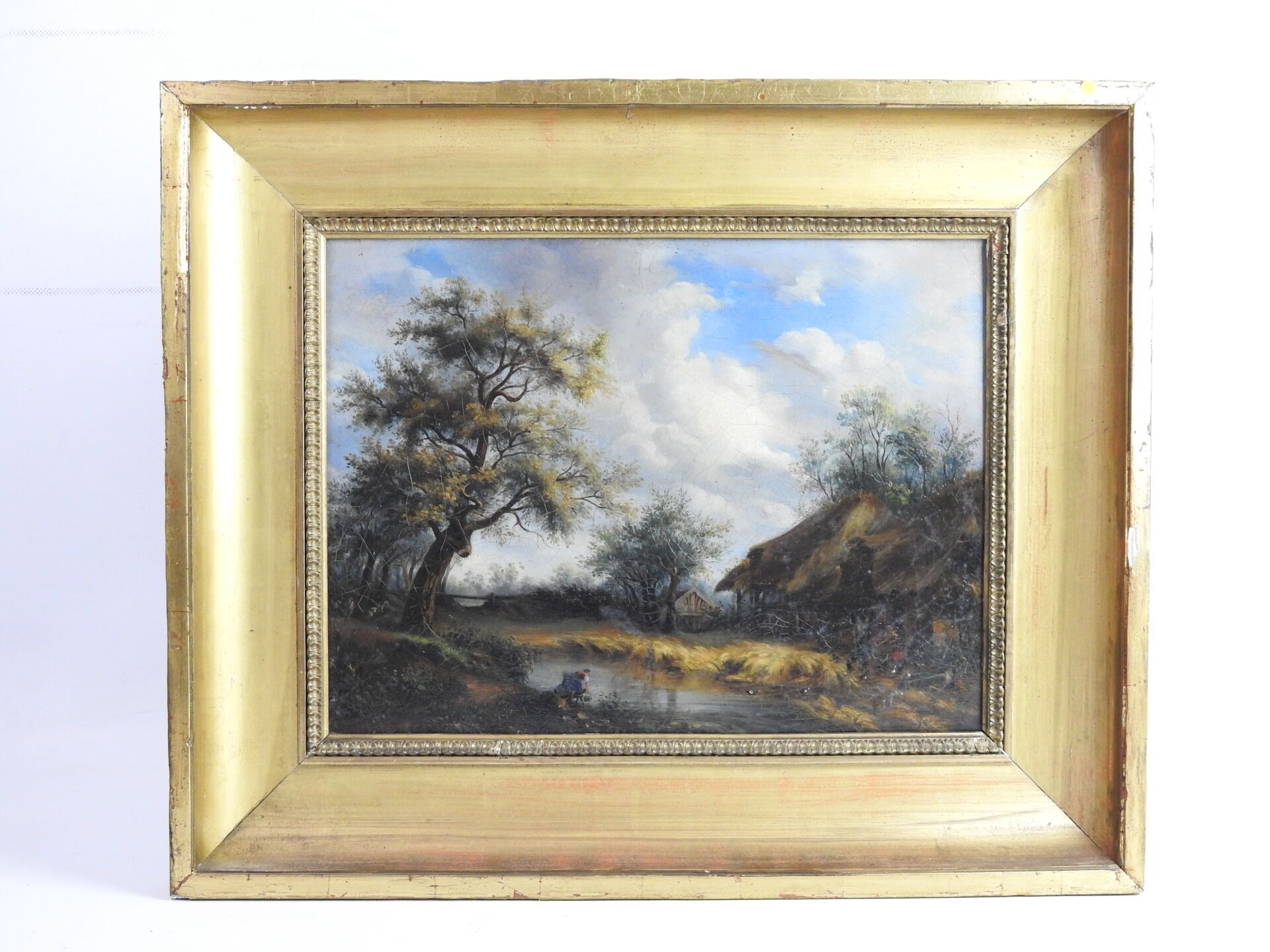 Null 19世纪的学校：带有池塘的农场景观。布面油画，28 x 36.5厘米。覆盖