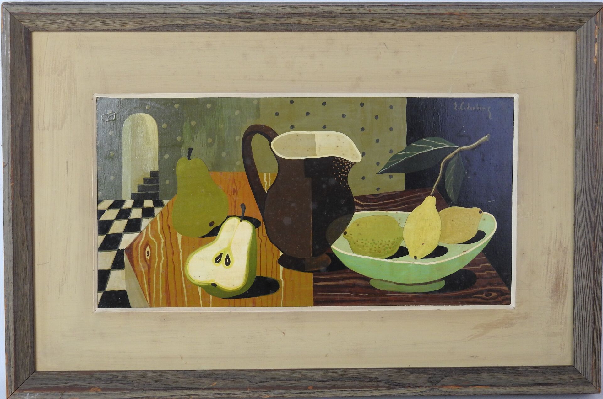 Null E. CADIUKIUS (XX) ? Still life with fruits and pitchers. Oil on panel. Sign&hellip;