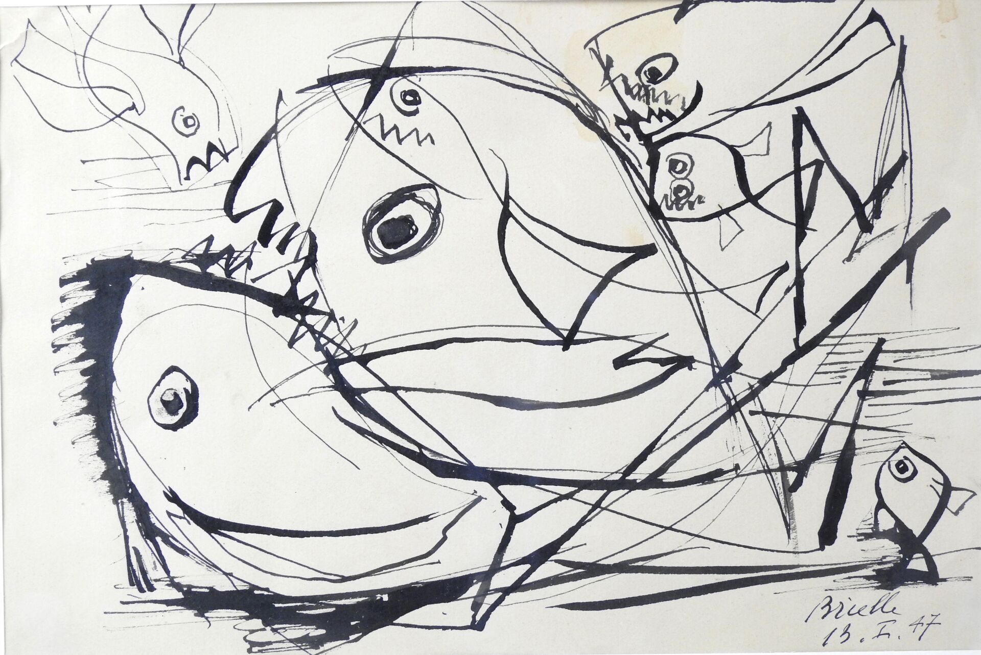 Null Roger BRIELLE (1899-1960): Composition with fish. 1947. Drawing in ink. Sig&hellip;