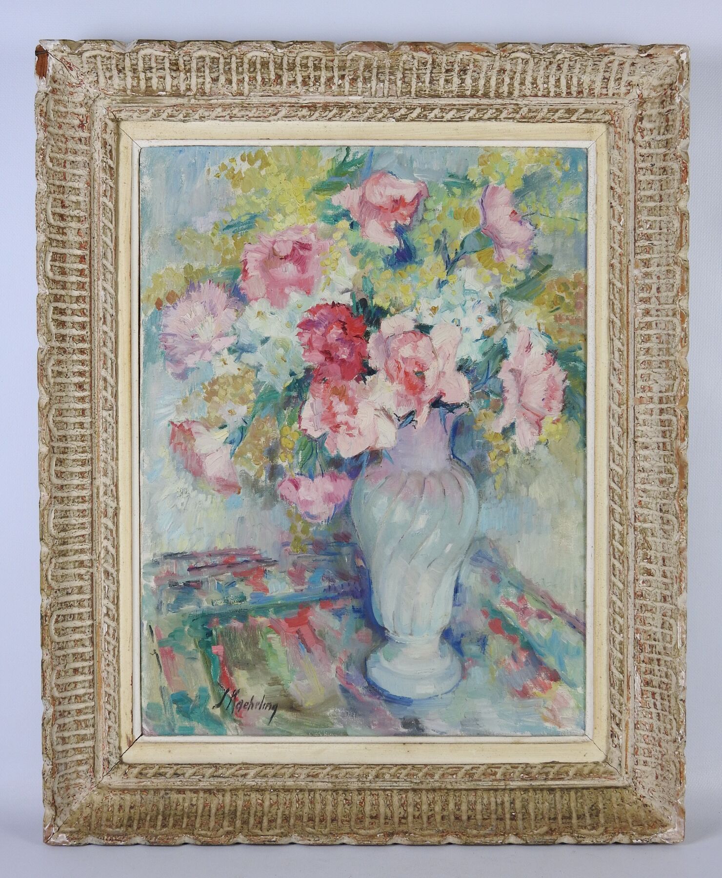 Null 苏珊娜-布兰奇-凯赫林（1902-1985）。花束。布面油画。底部有签名。61 x 46 cm