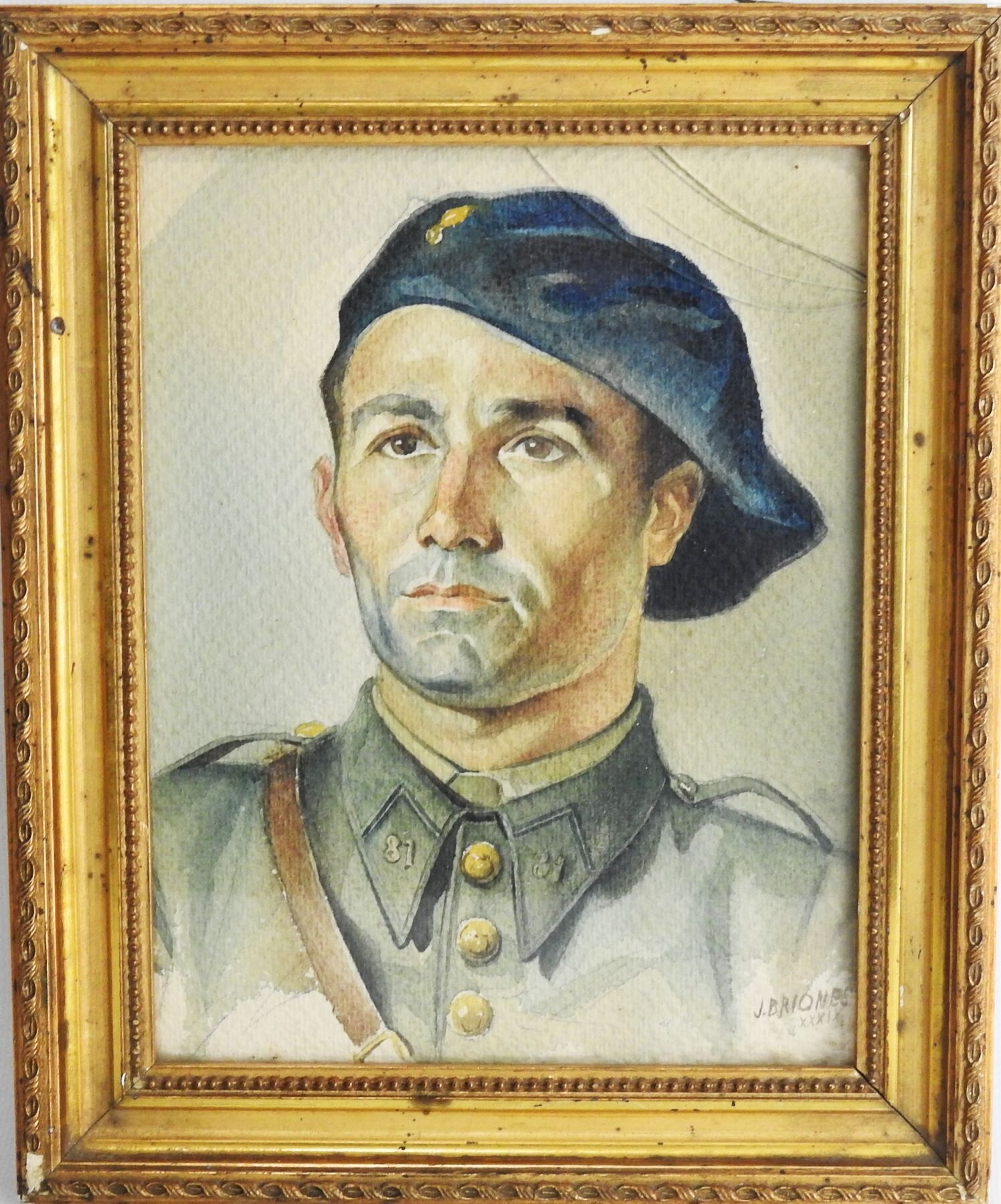 Null 阿夸莱。BRIONES J. 第81阿尔卑斯山步兵团（蒙彼利埃）军官的肖像，戴贝雷帽，SBD，日期为1939年。21 X 16厘米，玻璃下的框架。AB&hellip;