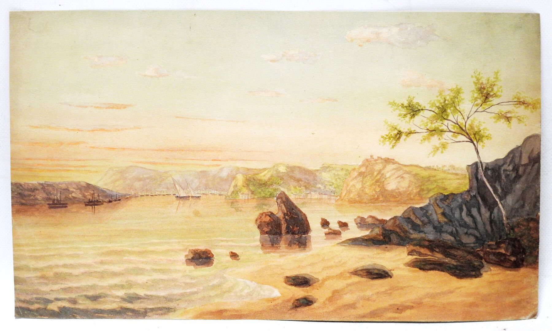 Null French school of the 19th century.
Maritime landscape at dusk.
Watercolor.
&hellip;