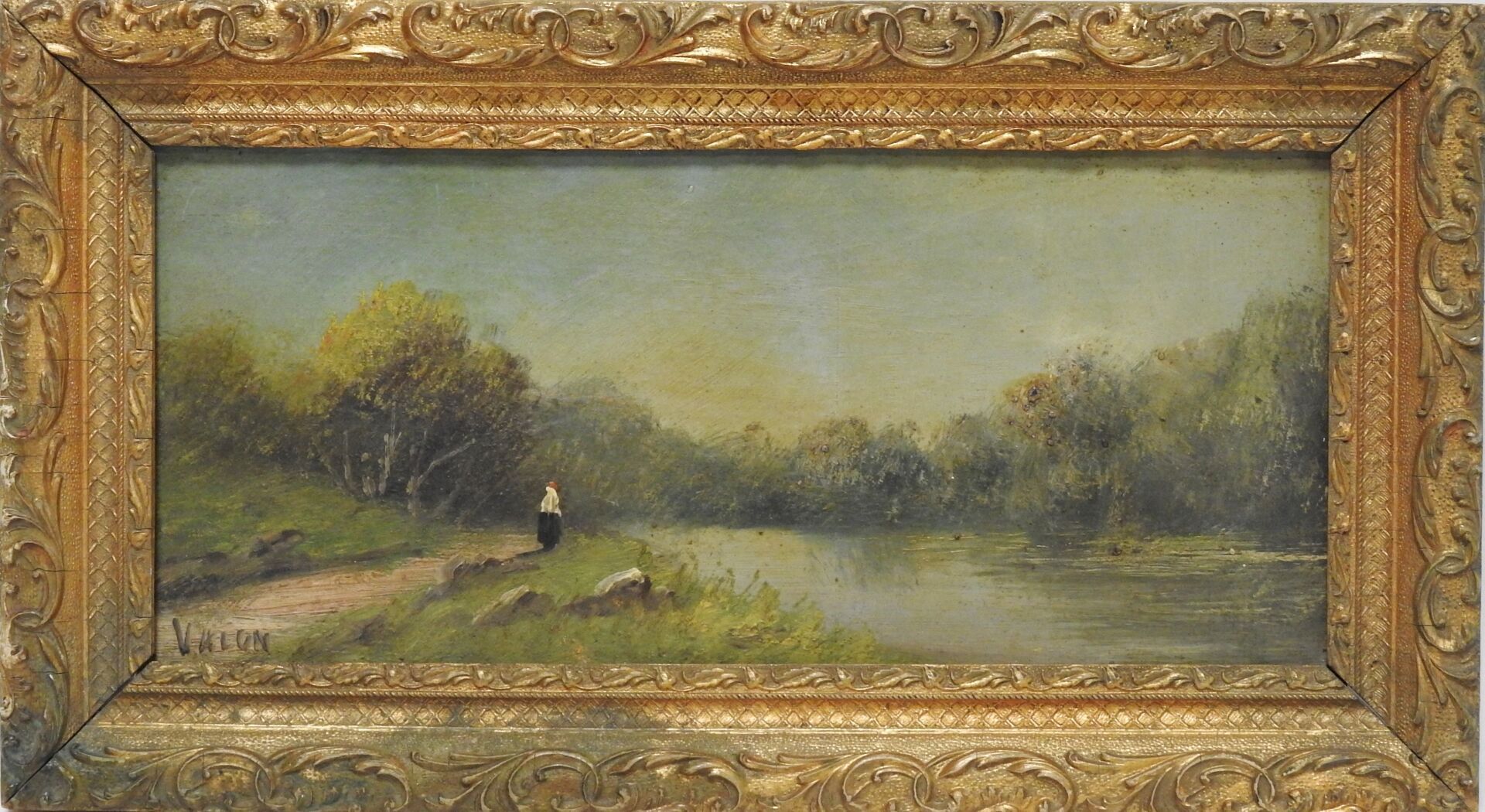 Null VALON - 20世纪
在河边的人物。
油画板上。左下方有签名。
17 x 38厘米。